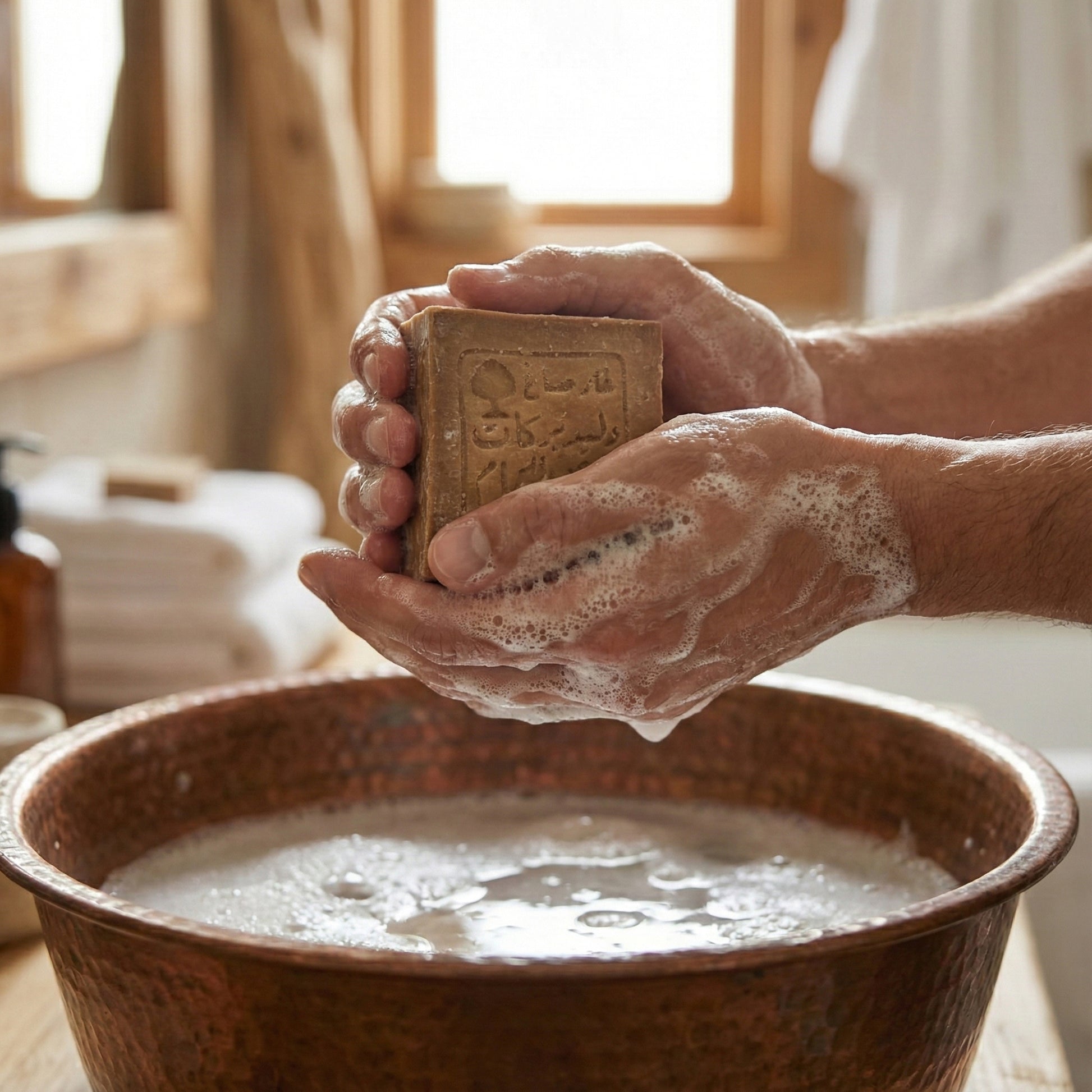 Hands lathering traditional stamped Aleppo soap over a rustic hammered copper basin in a sunlit wooden bathroom