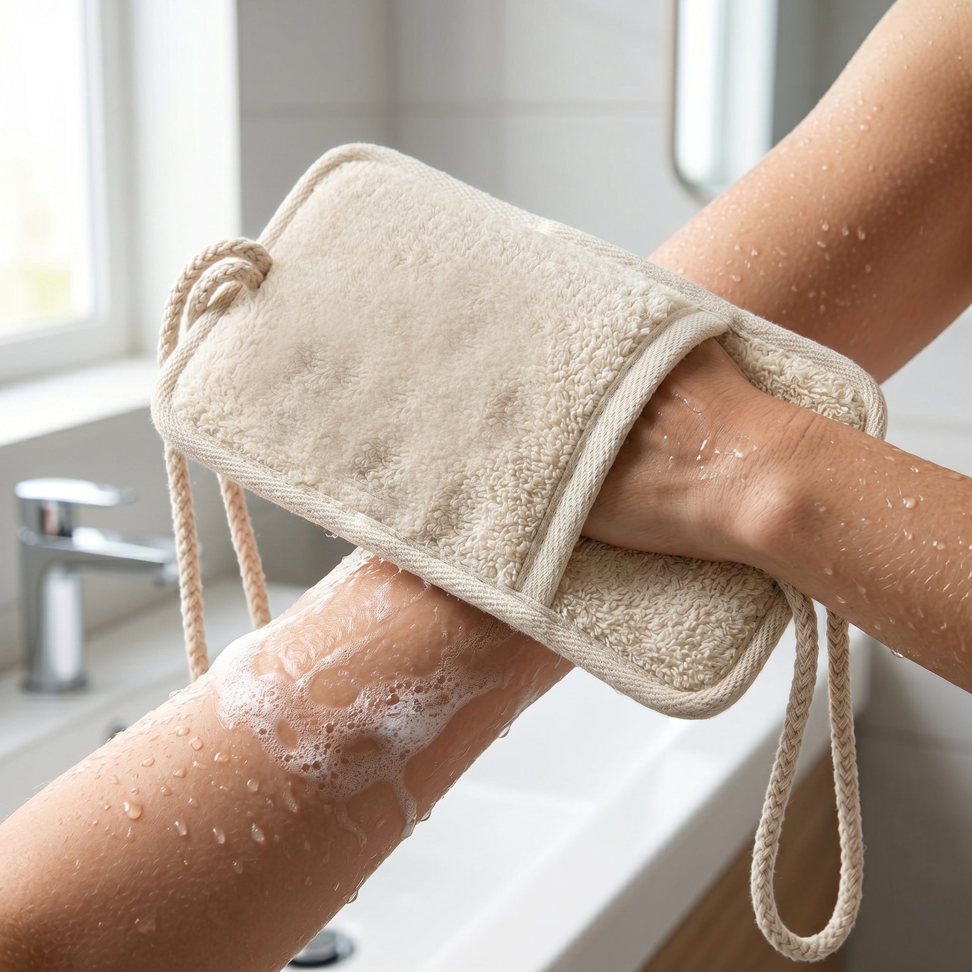 Hand slipped into vertical terry pocket on back of Avlia loofah scrubber, demonstrating hand-pocket grip mode for forearm scrub
