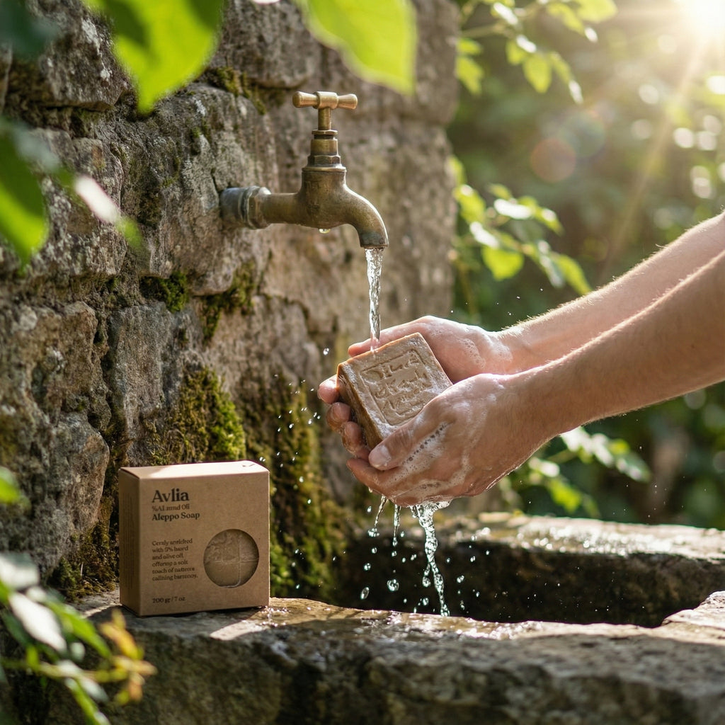 Hands washing with Avlia Aleppo soap bar under outdoor brass faucet on stone wall with soap box