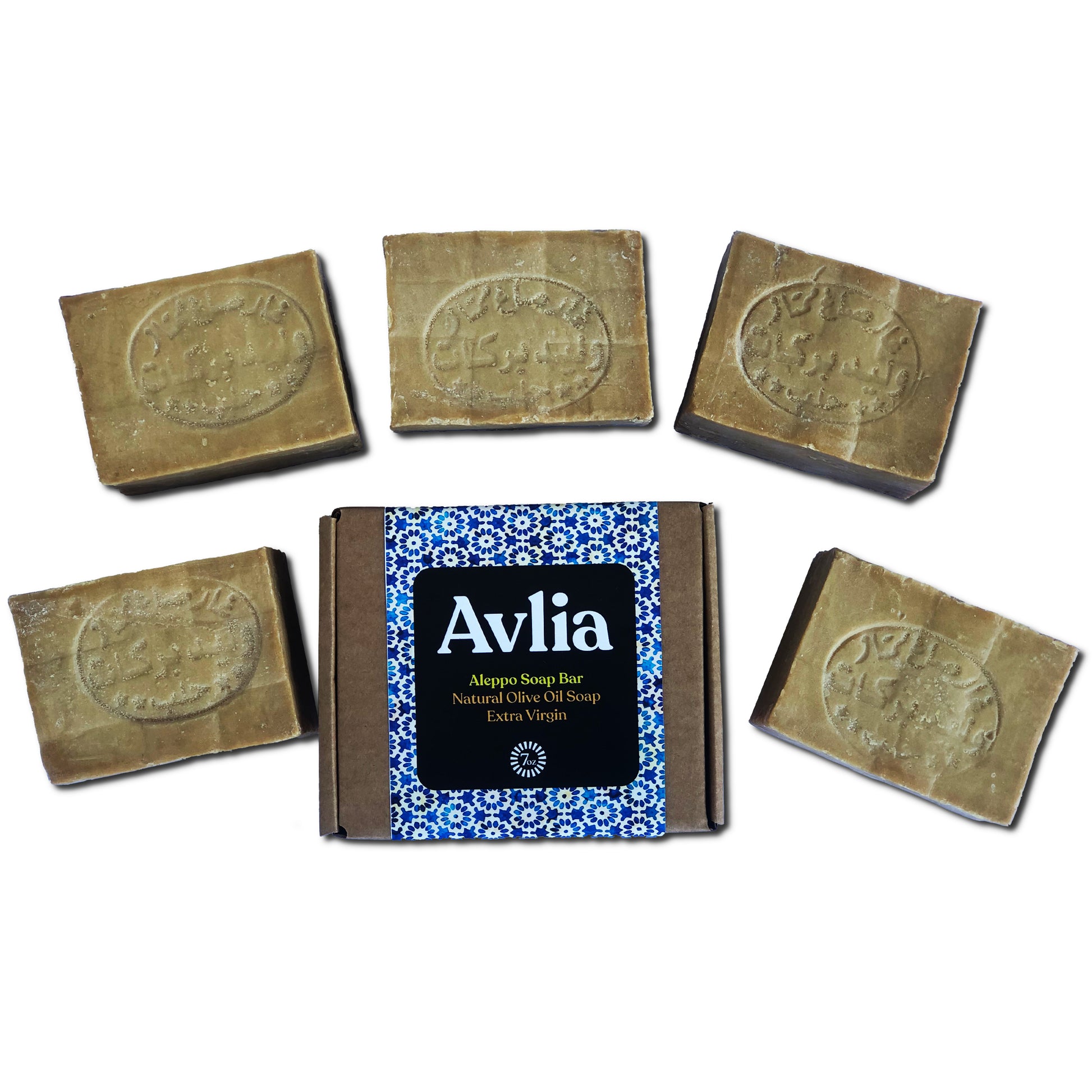 Five Aleppo soap bars with a box labeled 'Avlia' on a white background