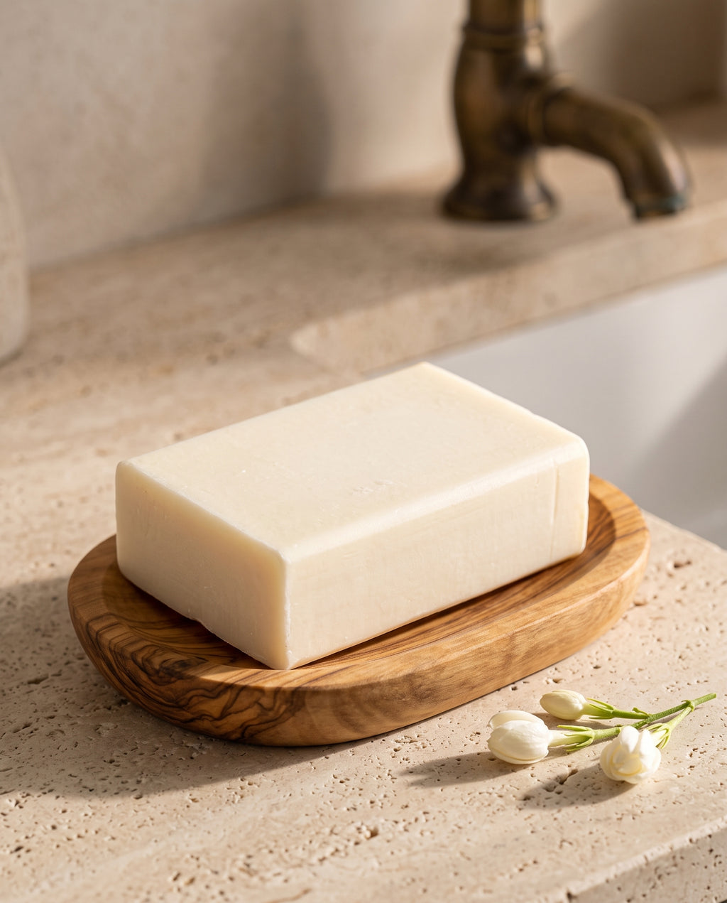 Jasmine Soap Bar in an olive wood soap dish beside fresh jasmine buds on a stone vanity