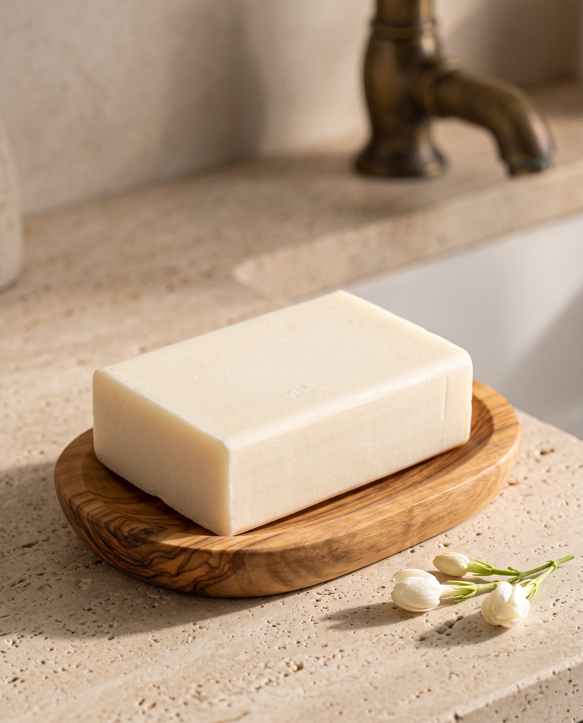 Jasmine Soap Bar in an olive wood soap dish beside fresh jasmine buds on a stone vanity