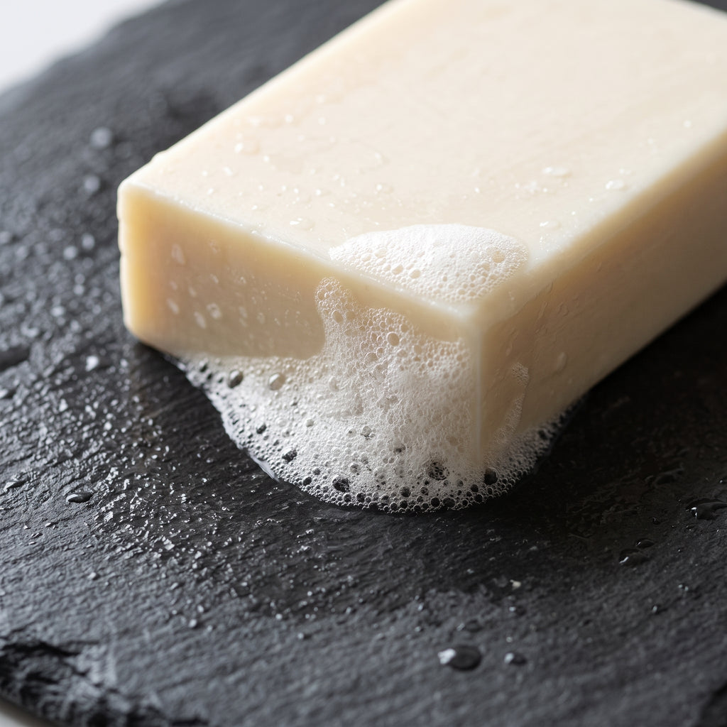 Jasmine Soap Bar lathering on wet grey stone with dense white foam along one edge