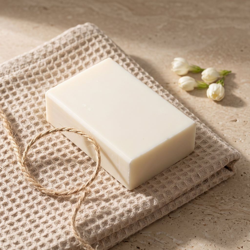 Jasmine Soap Bar on a folded cotton waffle towel with a loop of jute twine, styled as a gift