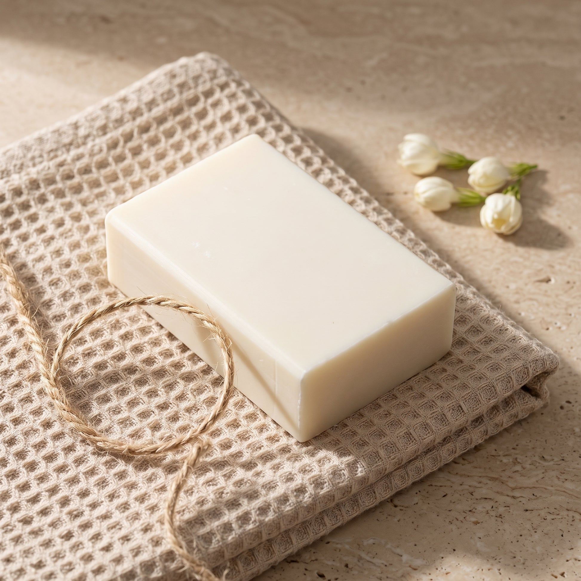 Jasmine Soap Bar on a folded cotton waffle towel with a loop of jute twine, styled as a gift