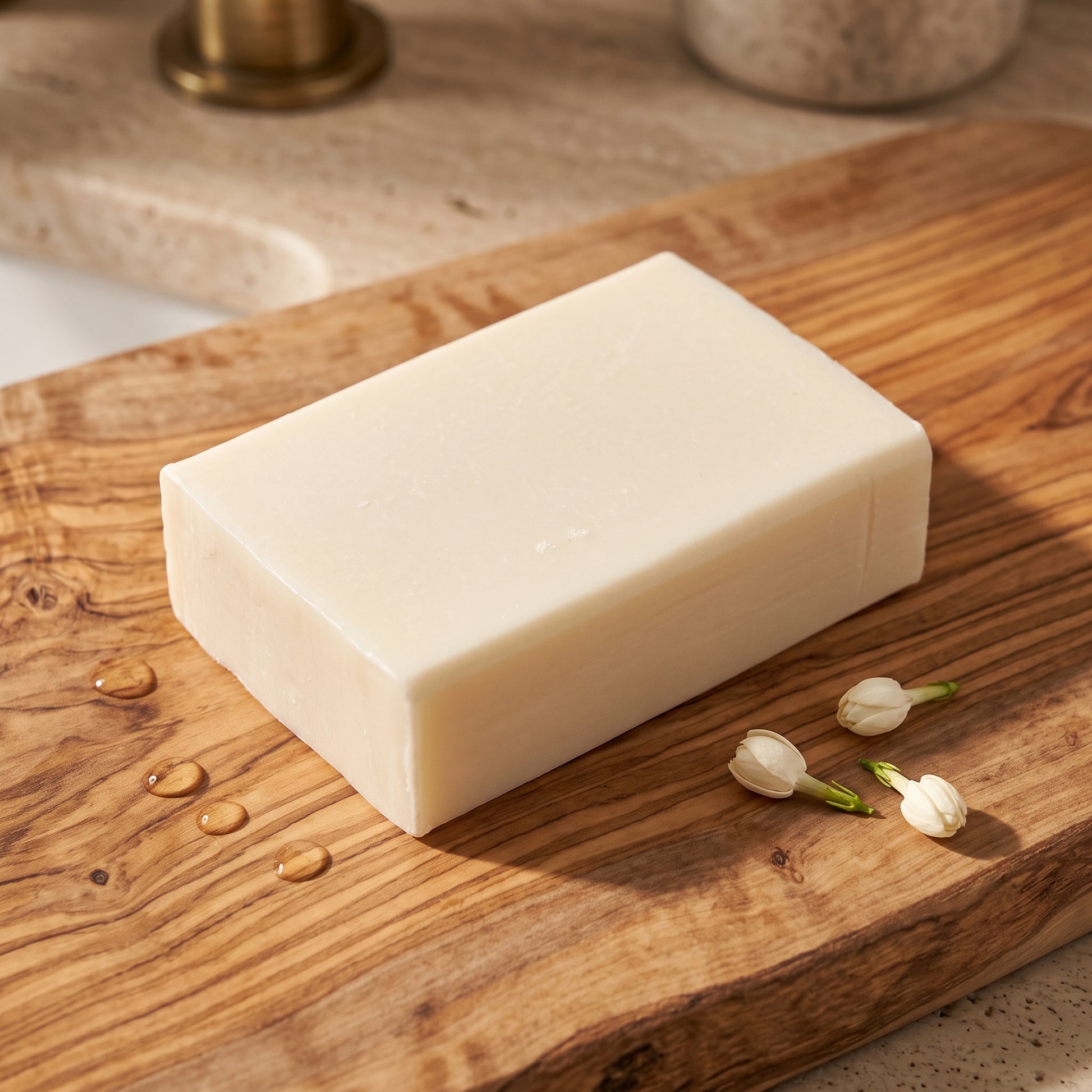 Jasmine Soap Bar on a rustic olive wood board with water droplets across the grain