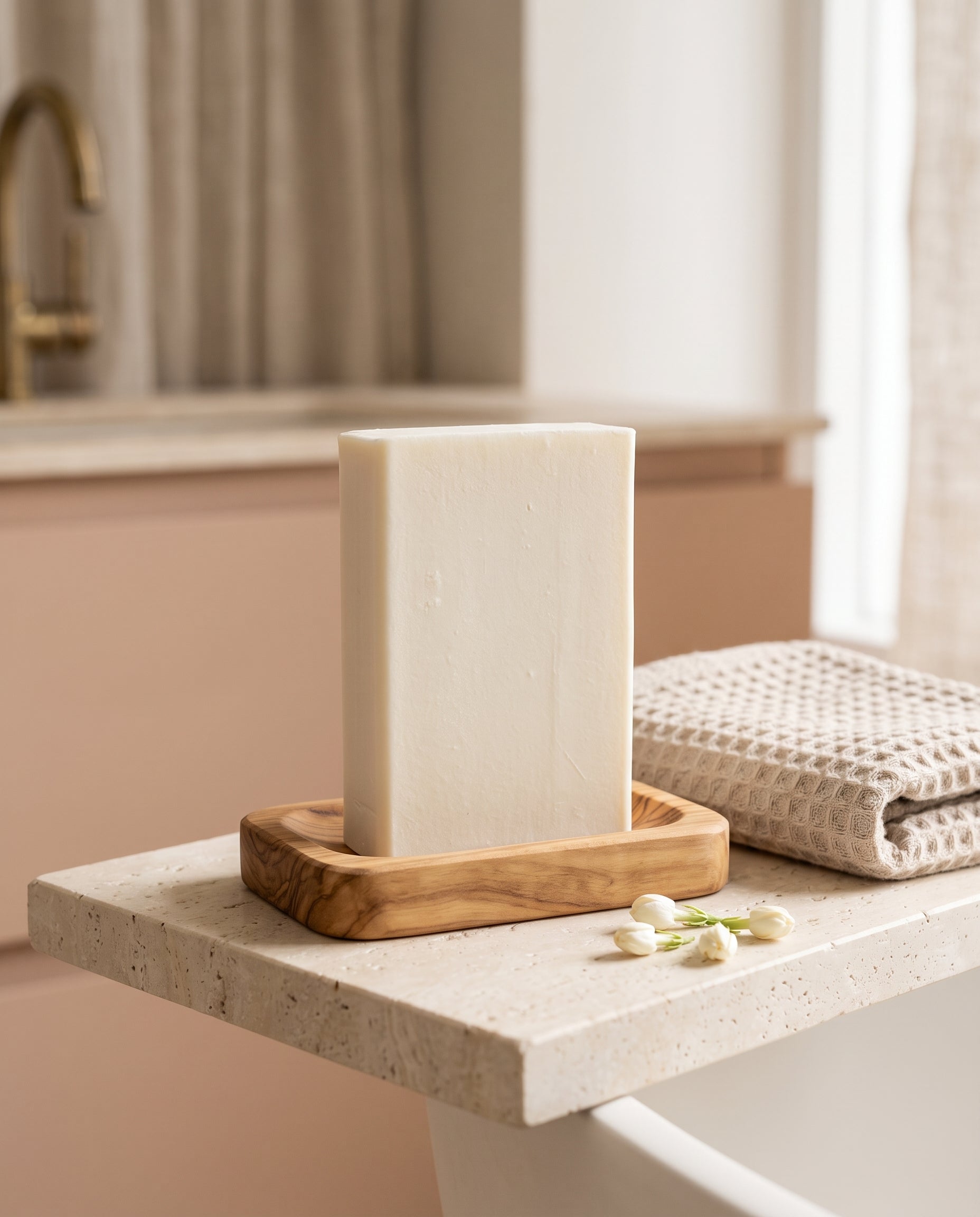 Jasmine Soap Bar on a stone bathroom shelf beside a folded waffle cotton towel