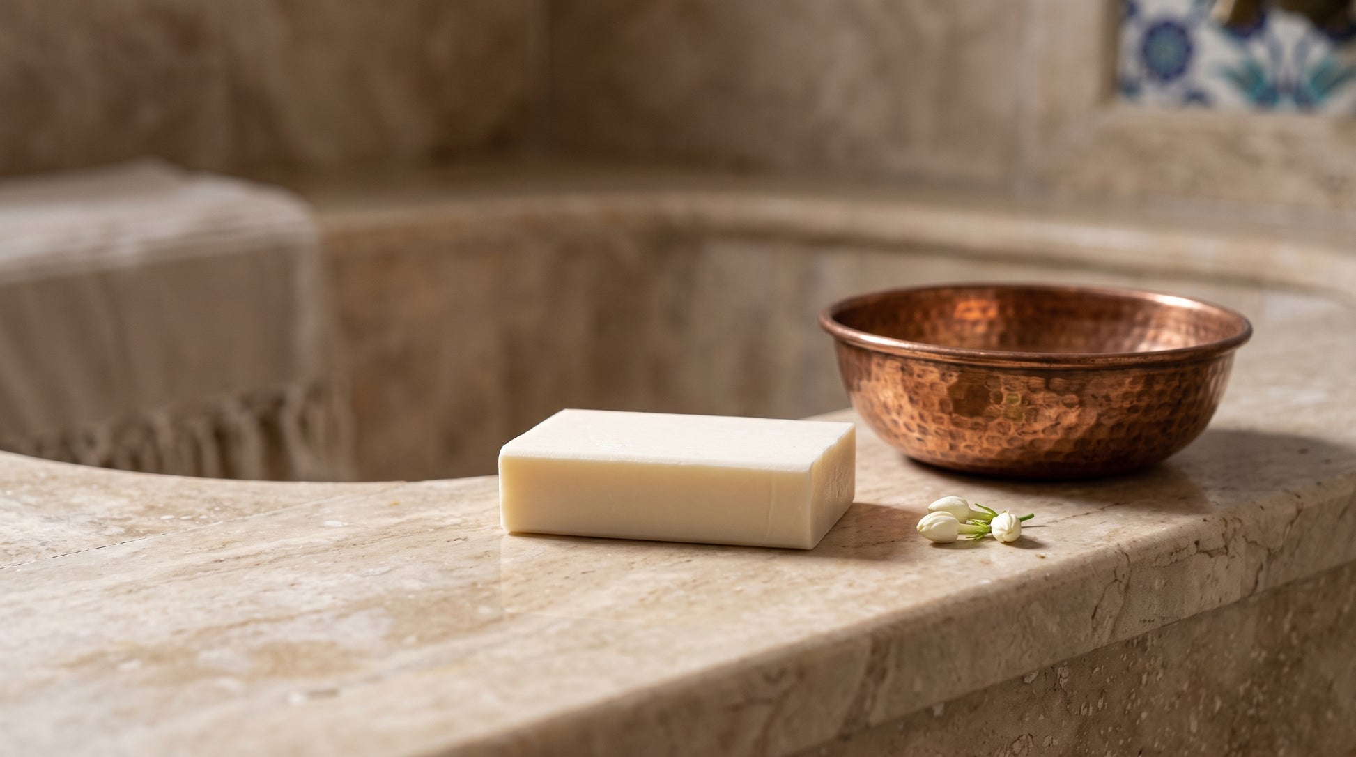 Jasmine Soap Bar on the marble edge of a Turkish hammam basin with a hammered copper bowl