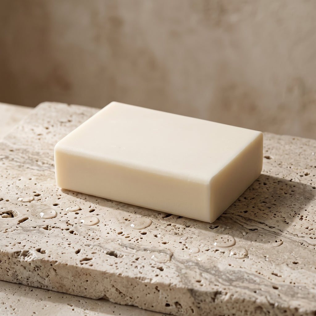 Jasmine Soap Bar resting on a travertine stone slab scattered with water droplets