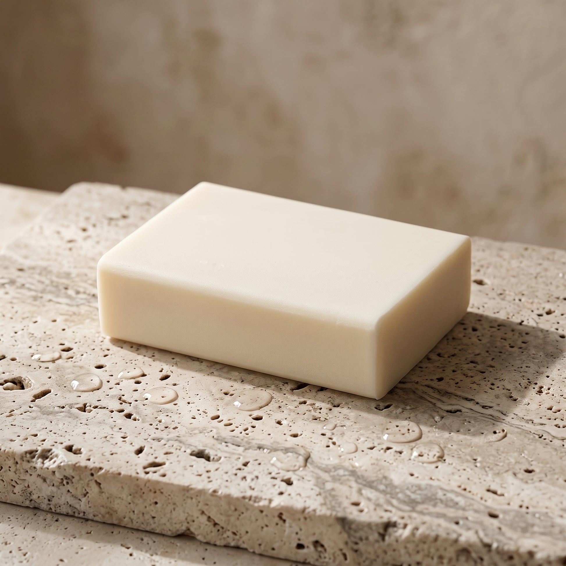 Jasmine Soap Bar resting on a travertine stone slab scattered with water droplets