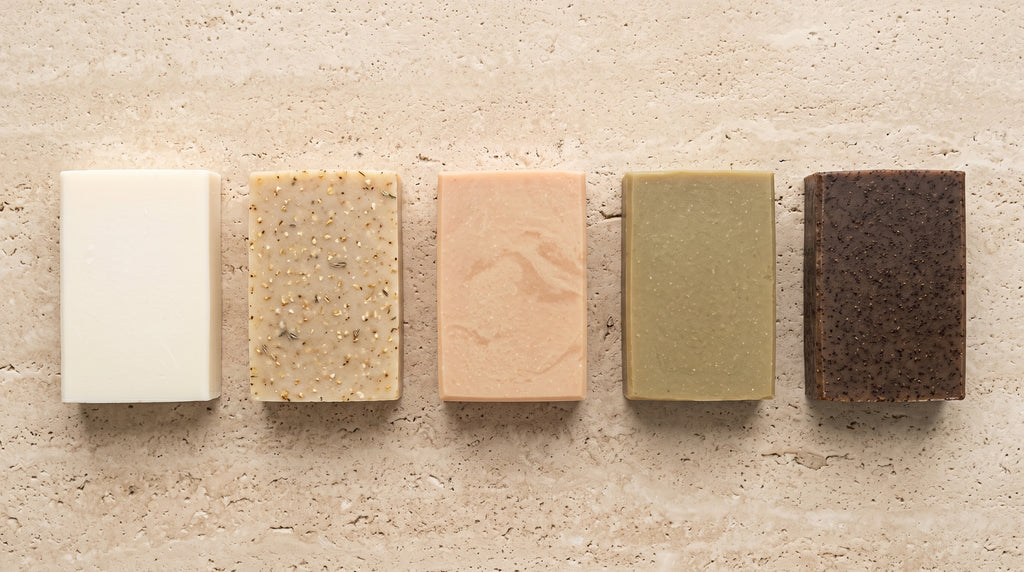 Jasmine Soap Bar shown with the full Bursa Collection range in an overhead catalogue layout
