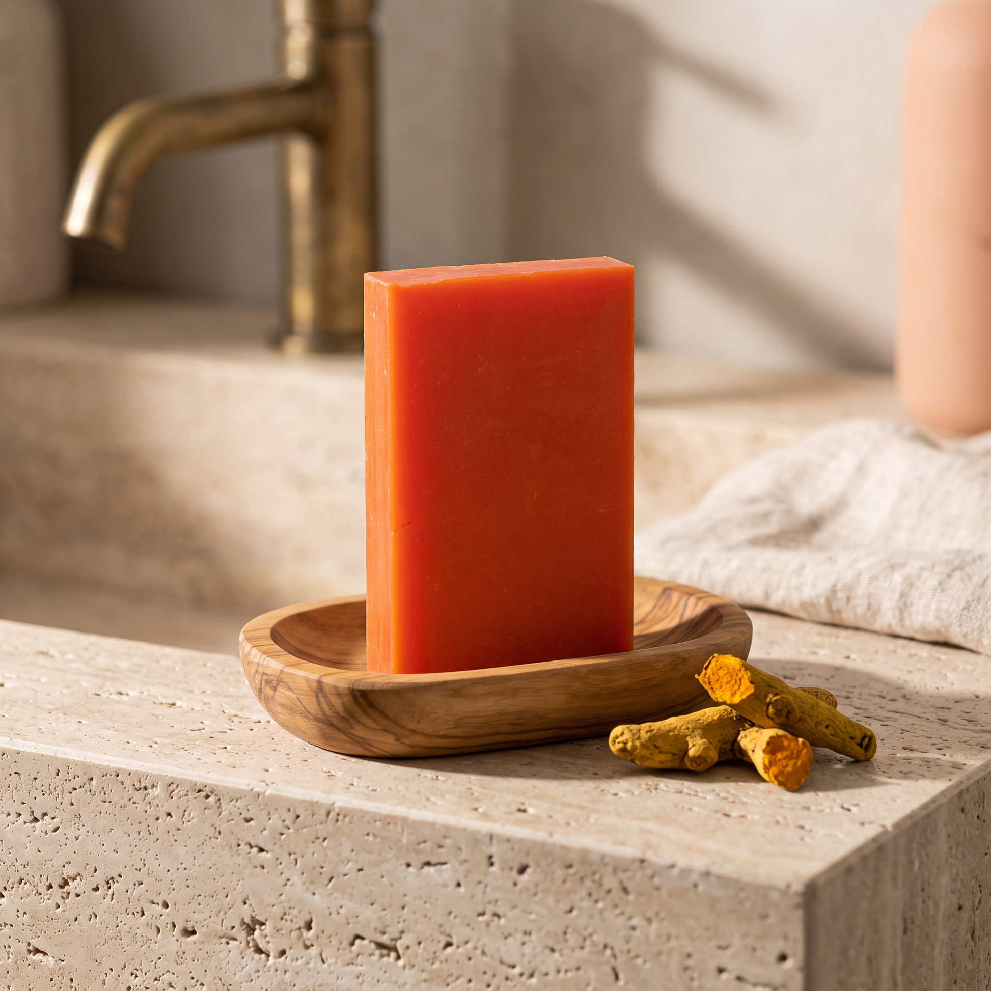 Avlia Kojic Acid & Turmeric Soap Bar in olive wood soap dish with dried turmeric root