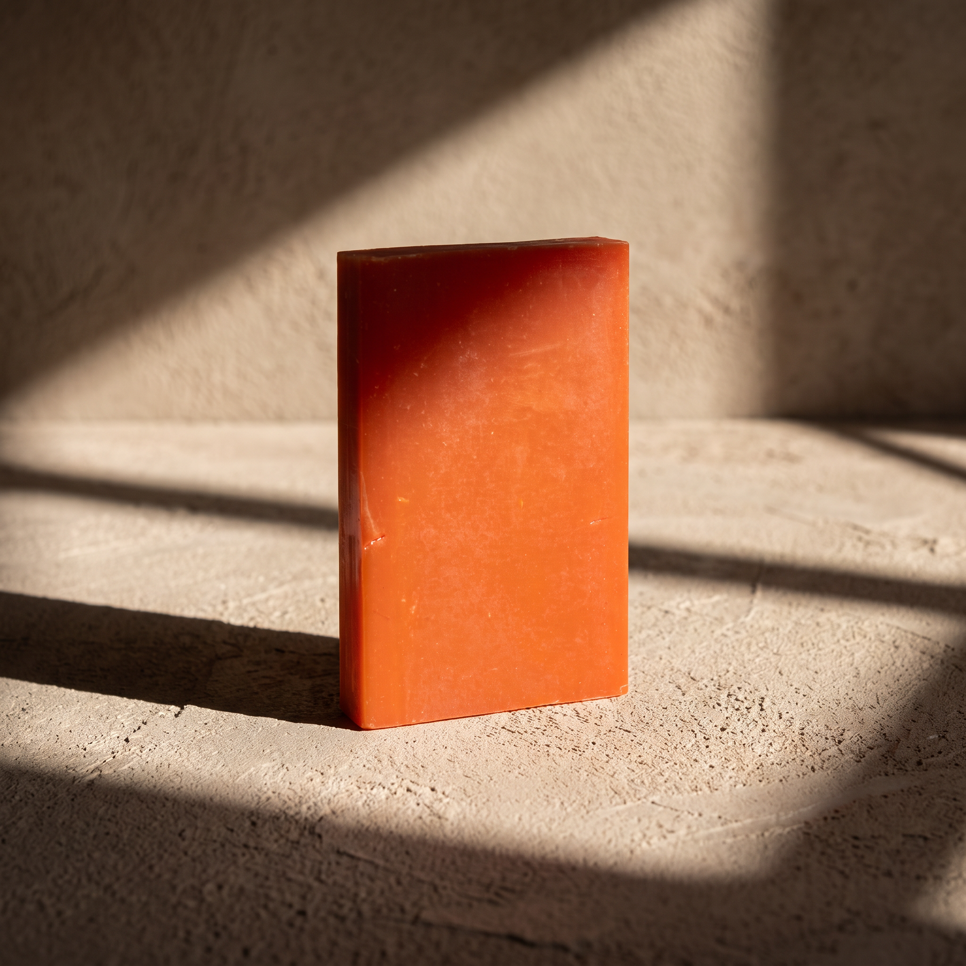 Avlia Kojic Acid & Turmeric Soap Bar in afternoon light with geometric shadows