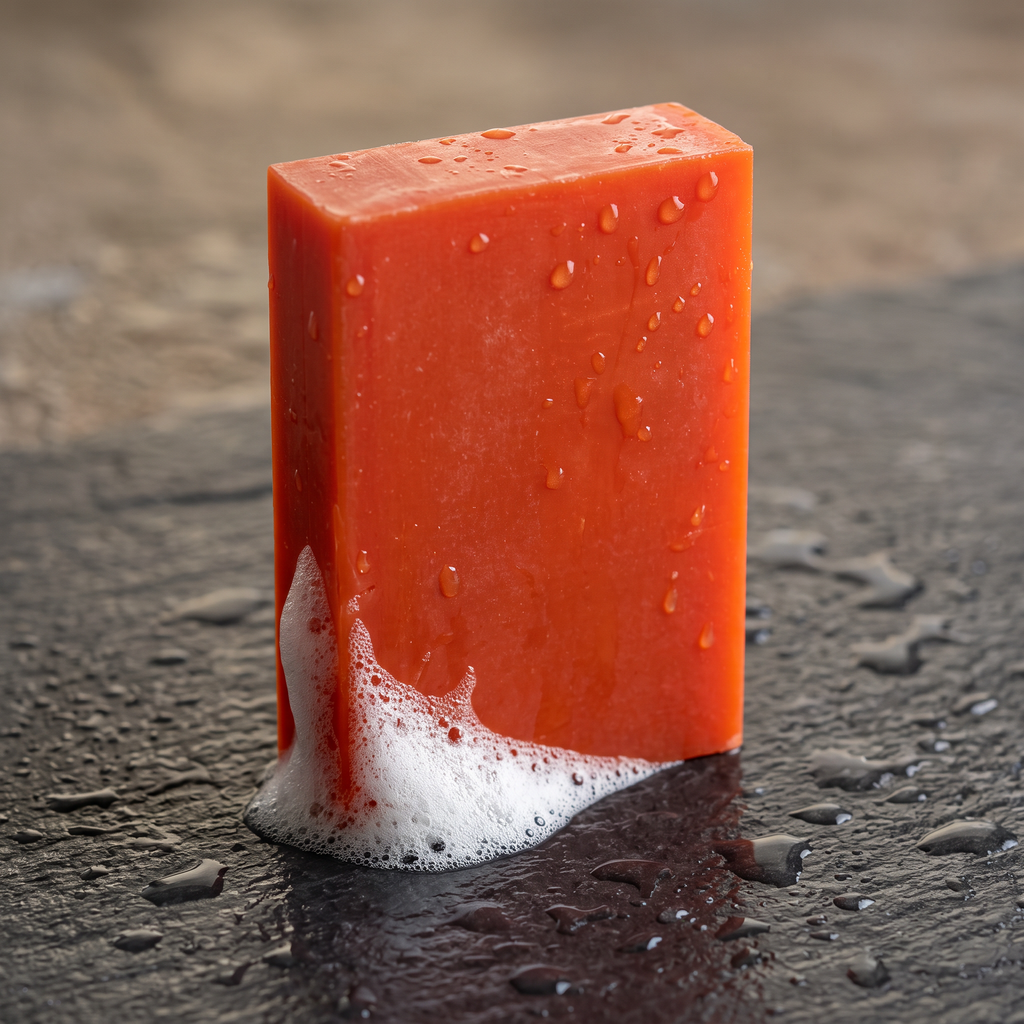 Avlia Kojic Acid & Turmeric Soap Bar lathering with dense white foam on wet stone
