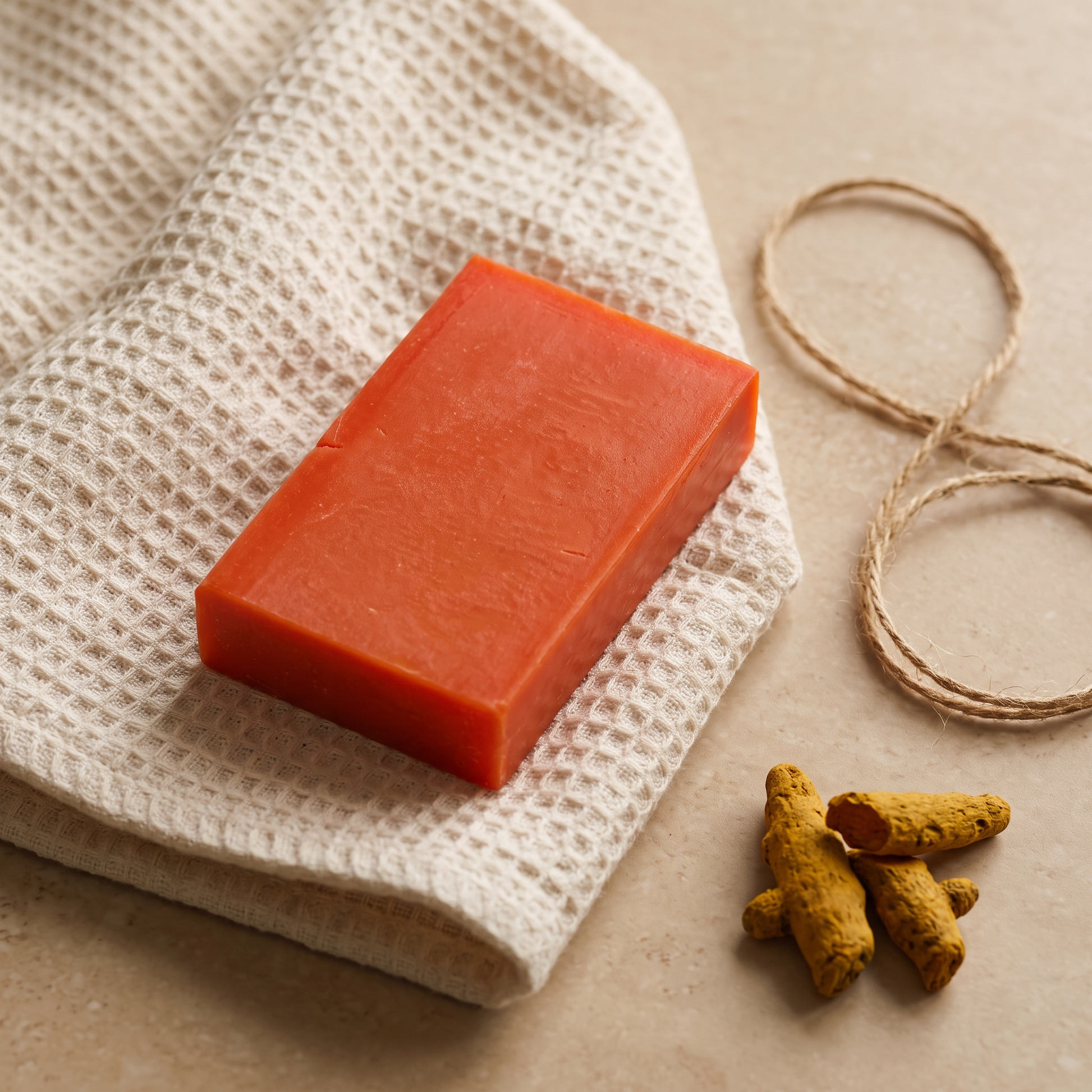 Avlia Kojic Acid & Turmeric Soap Bar styled as a gift on waffle towel with jute twine