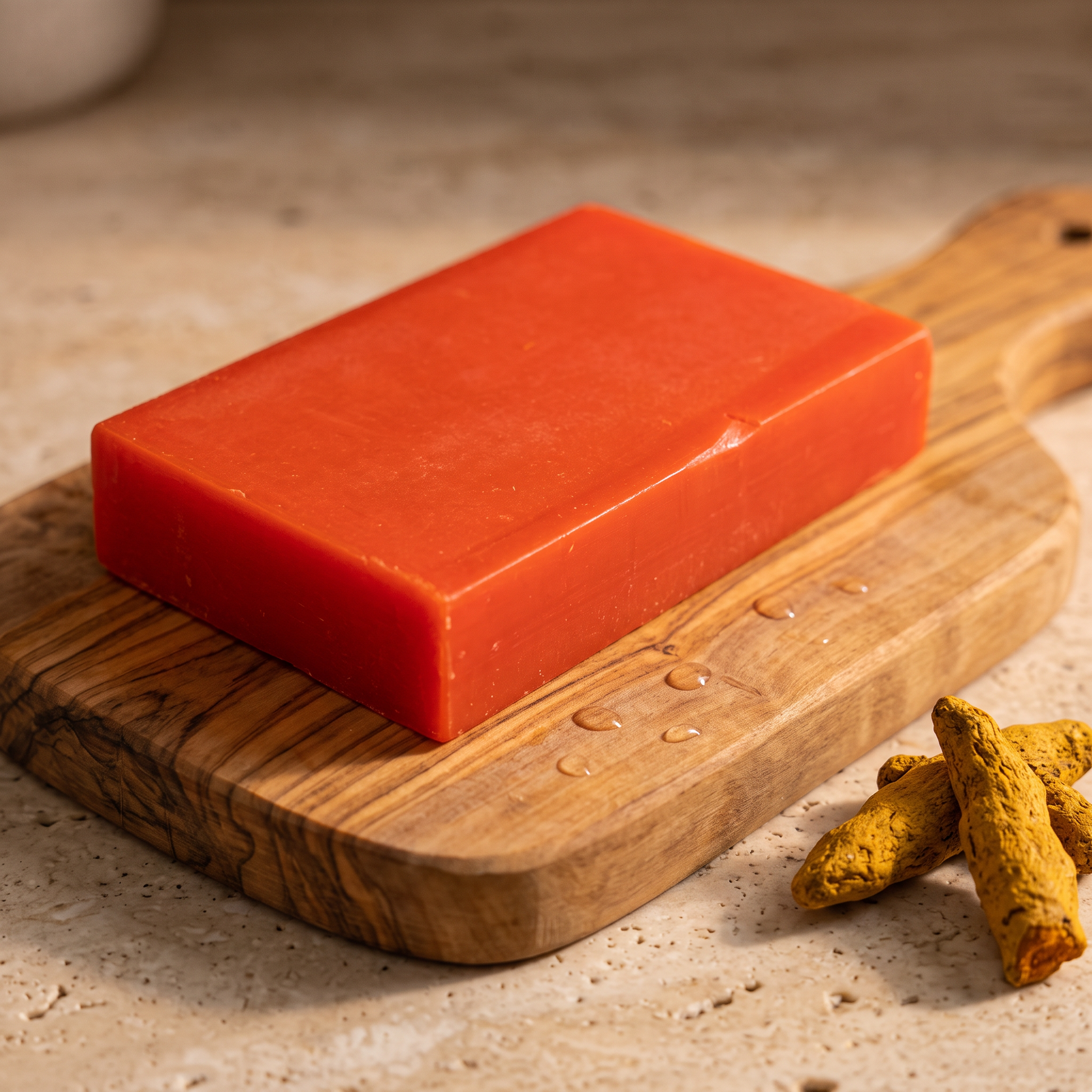 Avlia Kojic Acid & Turmeric Soap Bar on rustic olive wood board with water droplets