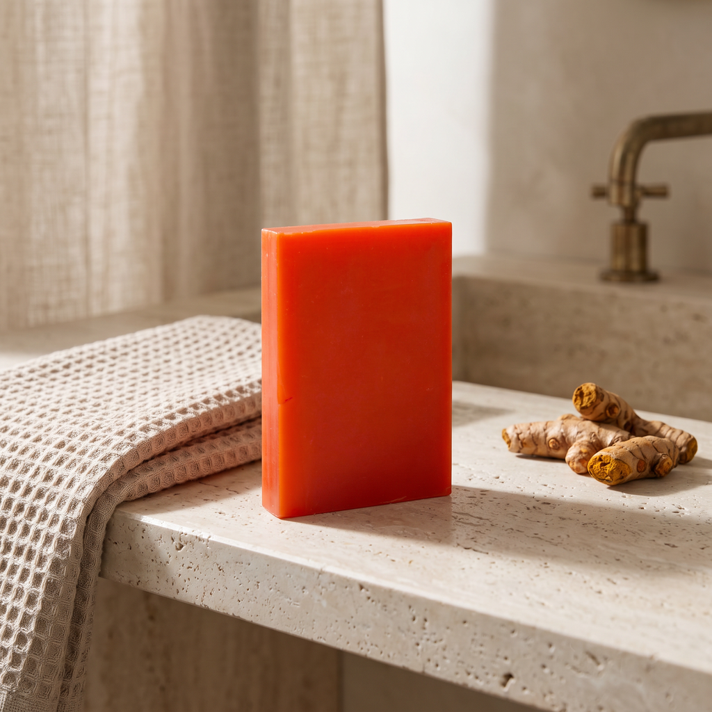 Avlia Kojic Acid & Turmeric Soap Bar on stone bathroom shelf beside waffle towel