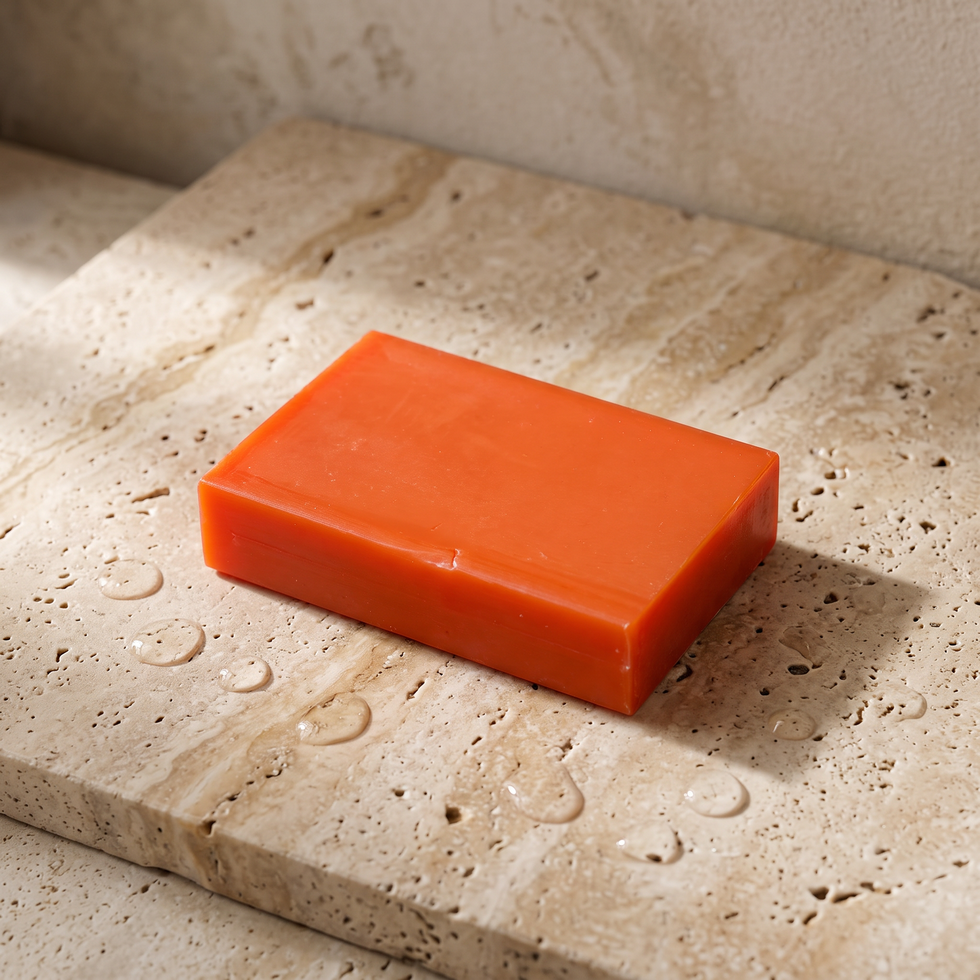 Avlia Kojic Acid & Turmeric Soap Bar resting on travertine stone slab