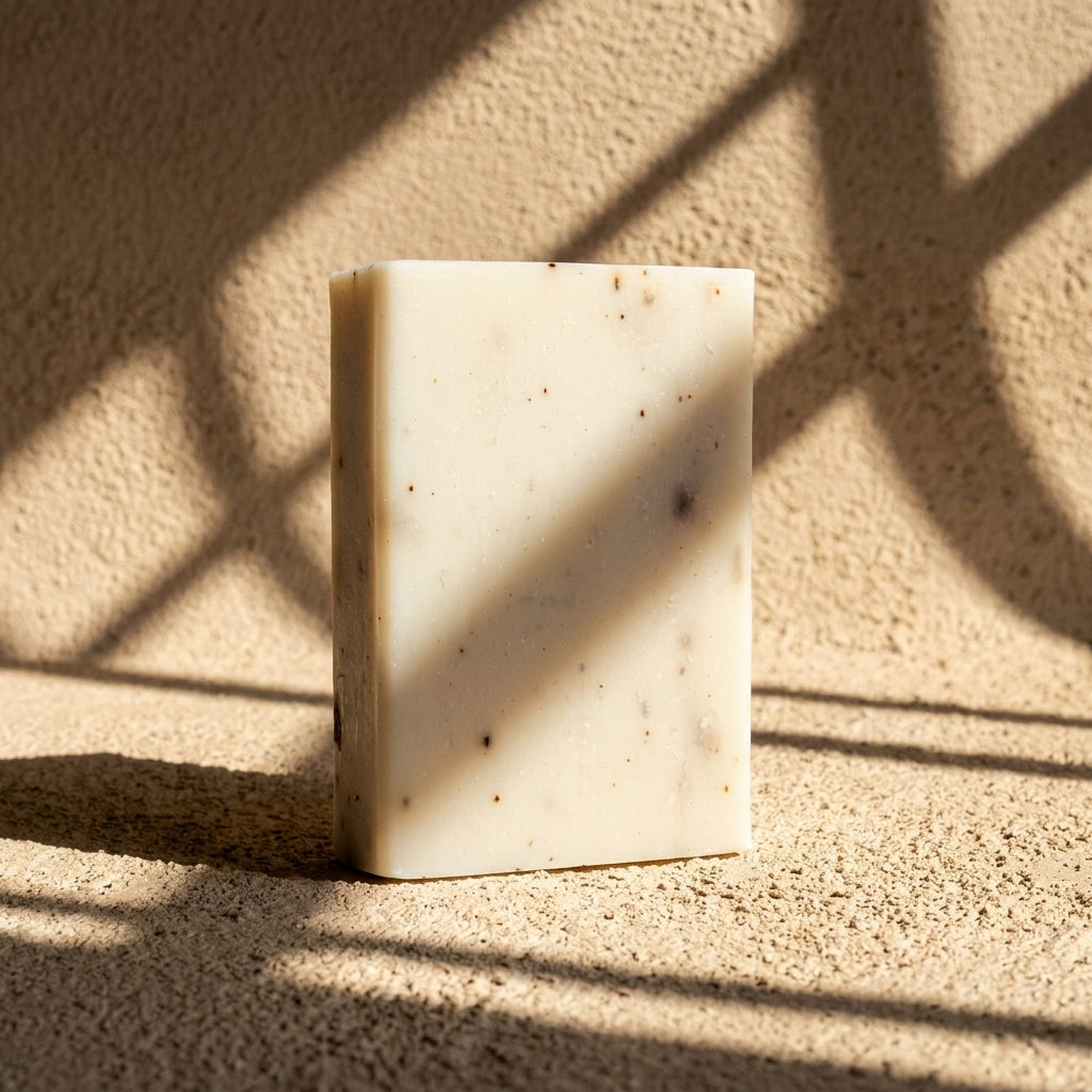 Lavender Soap Bar in hard afternoon sunlight on sand plaster, cut by geometric window shadows