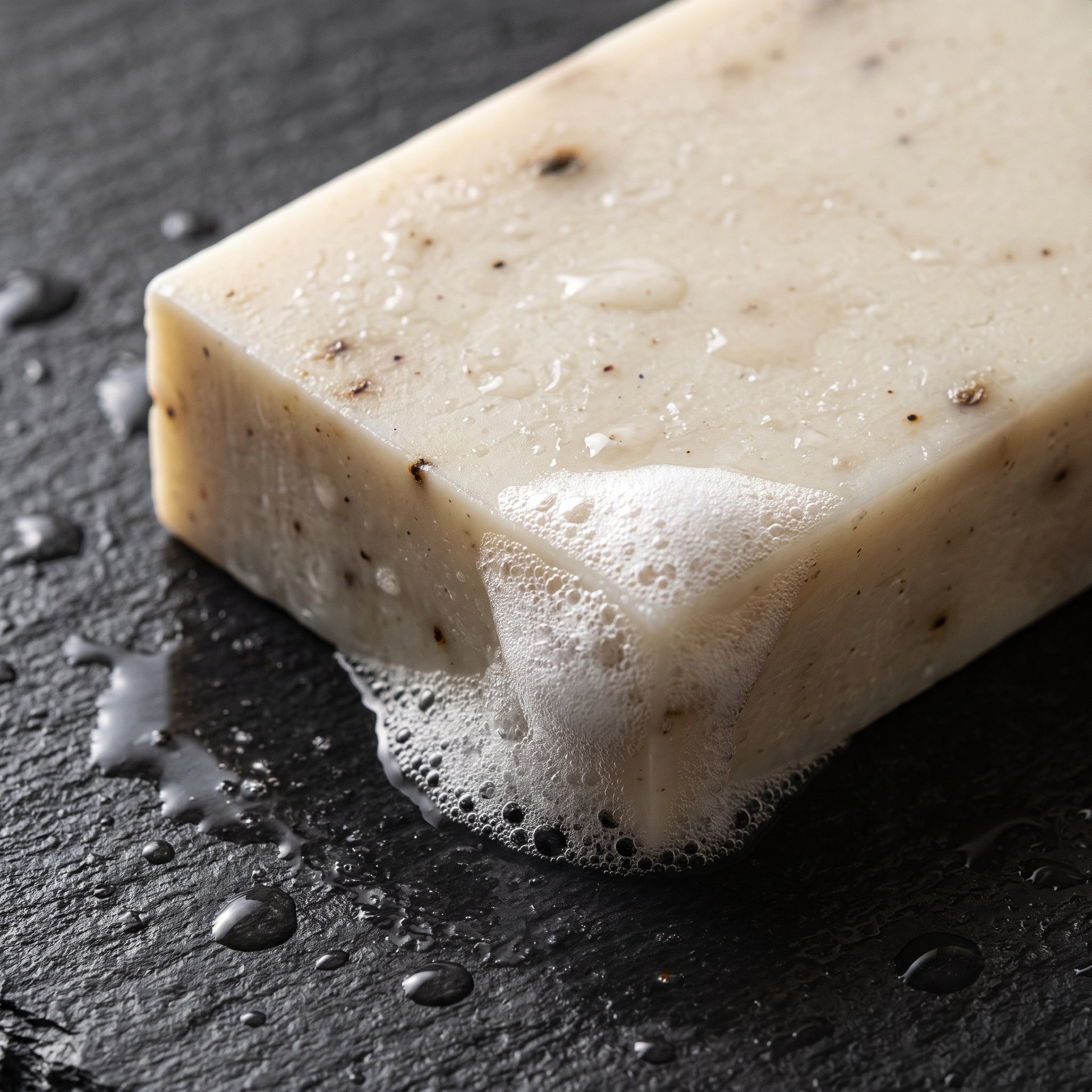 Lavender Soap Bar lathering on wet grey stone with dense white foam along one edge