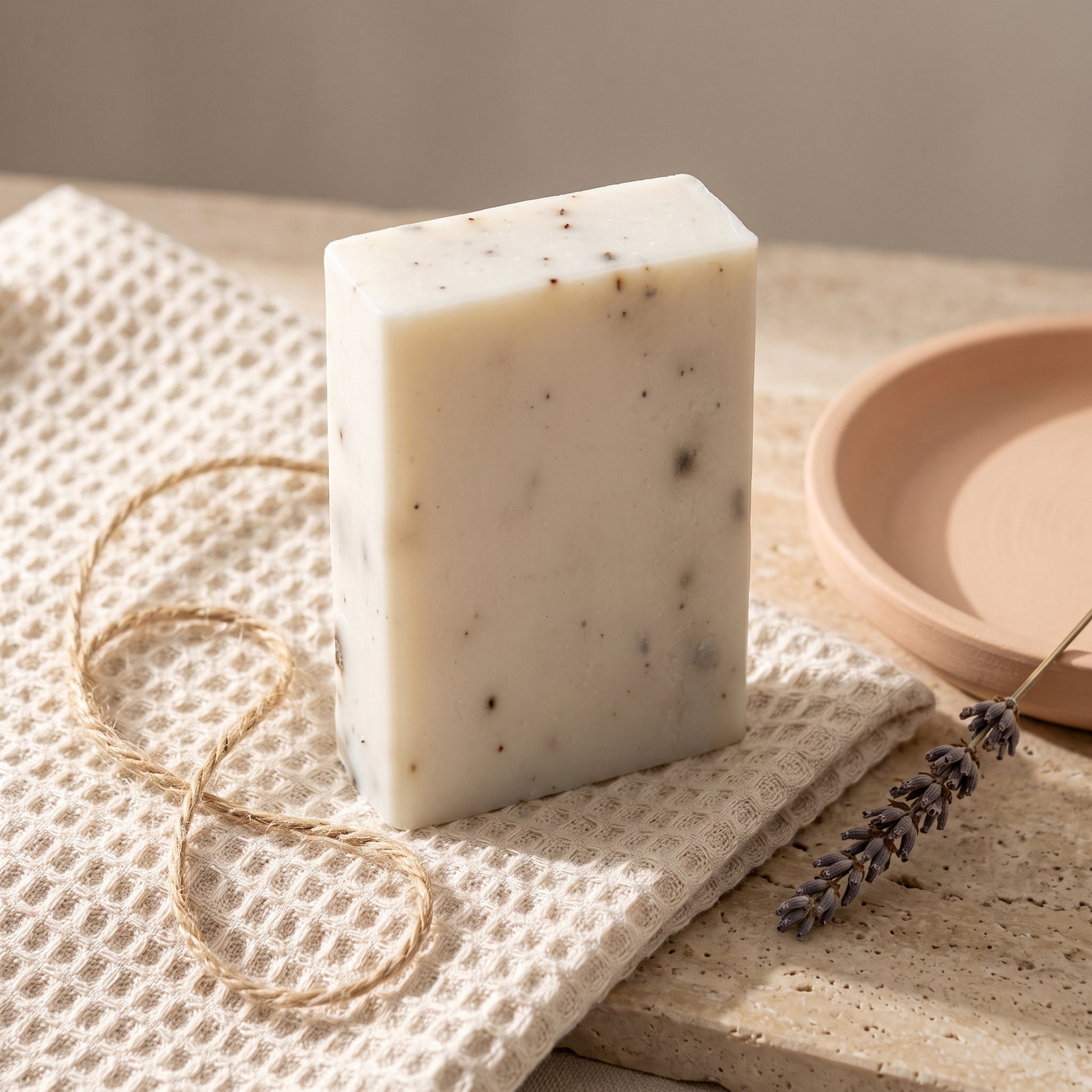 Lavender Soap Bar on a folded cotton waffle towel with a loop of jute twine, styled as a gift