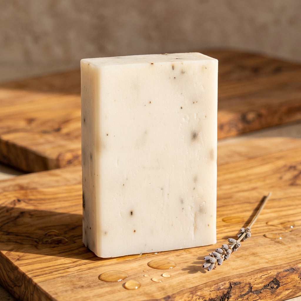 Lavender Soap Bar on a rustic olive wood board with water droplets across the grain