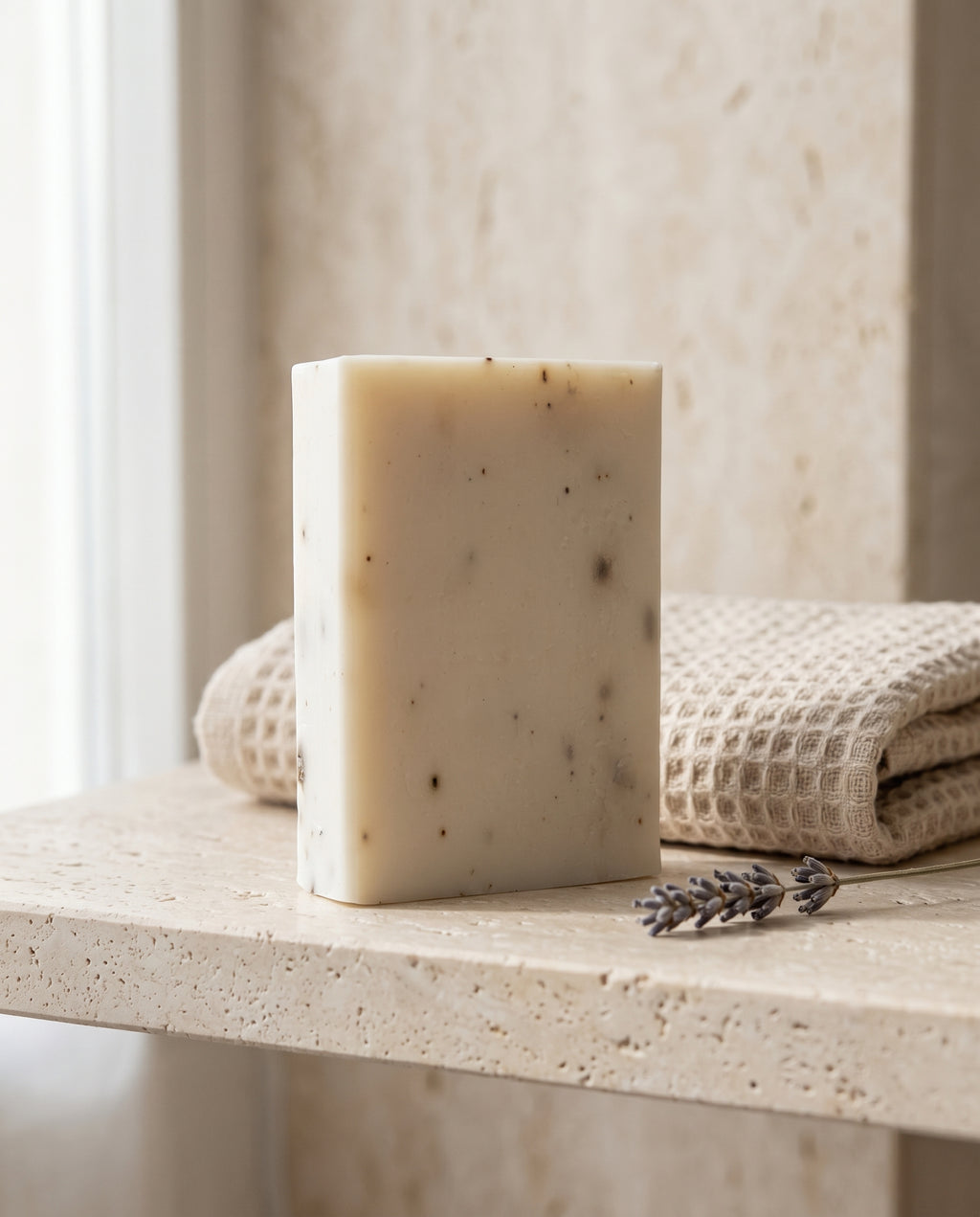 Lavender Soap Bar on a stone bathroom shelf beside a folded waffle cotton towel