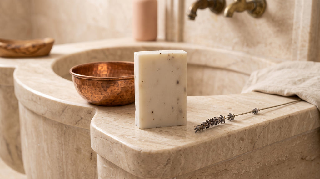 Lavender Soap Bar on the marble edge of a Turkish hammam basin with a hammered copper bowl