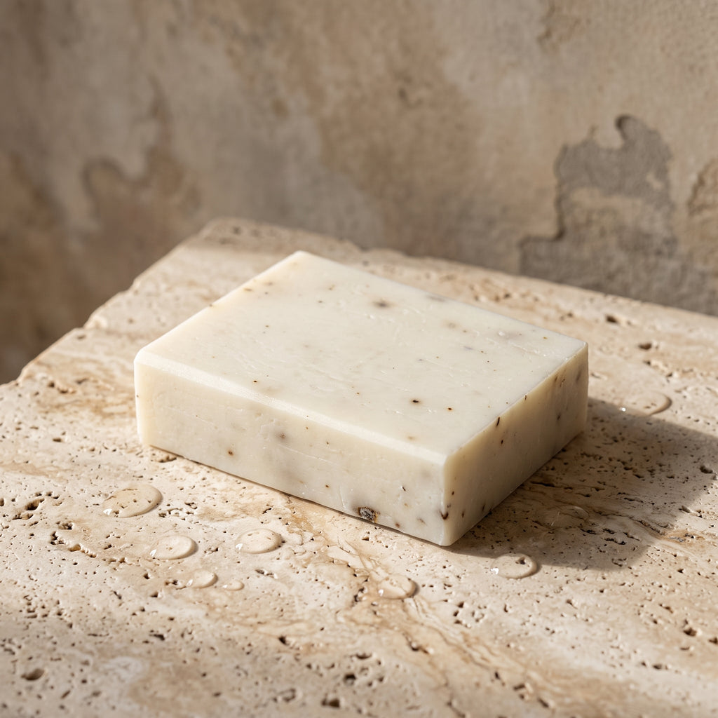 Lavender Soap Bar resting on a travertine stone slab scattered with water droplets
