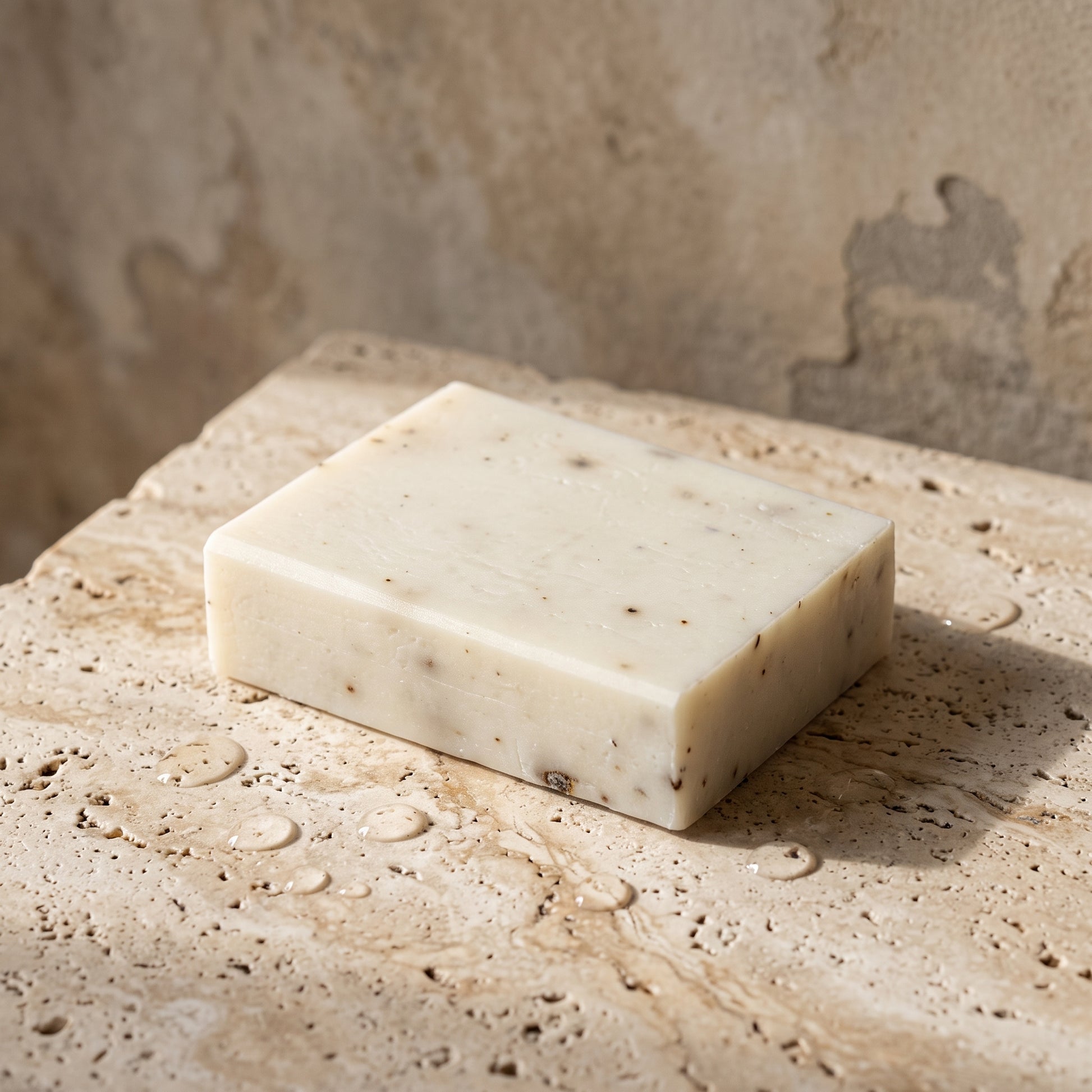 Lavender Soap Bar resting on a travertine stone slab scattered with water droplets