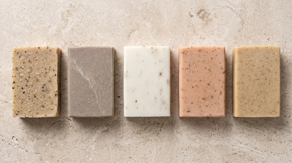 Lavender Soap Bar shown with the full Bursa Collection range in an overhead catalogue layout