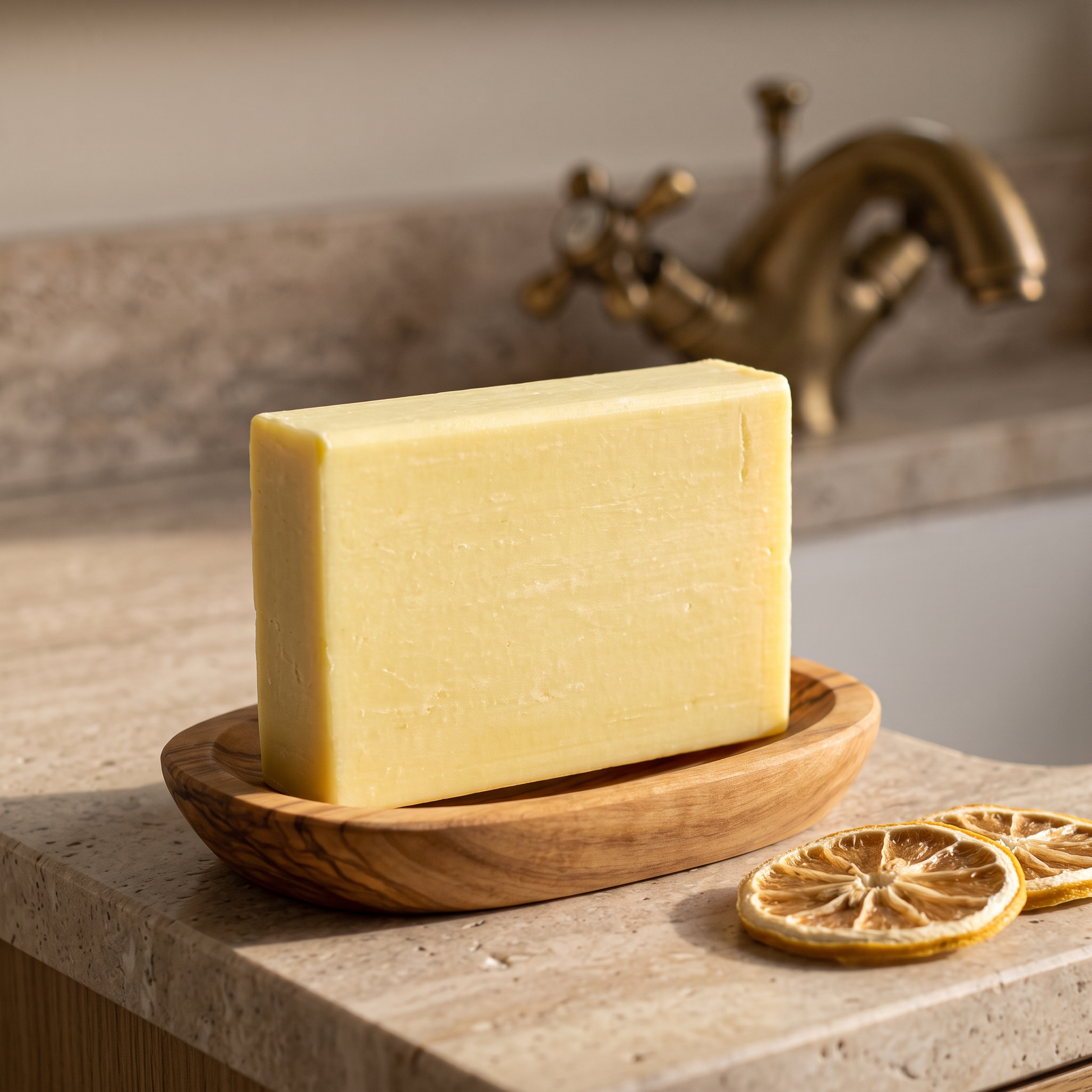 Lemon Soap Bar in an olive wood soap dish beside dried lemon slices on a stone vanity