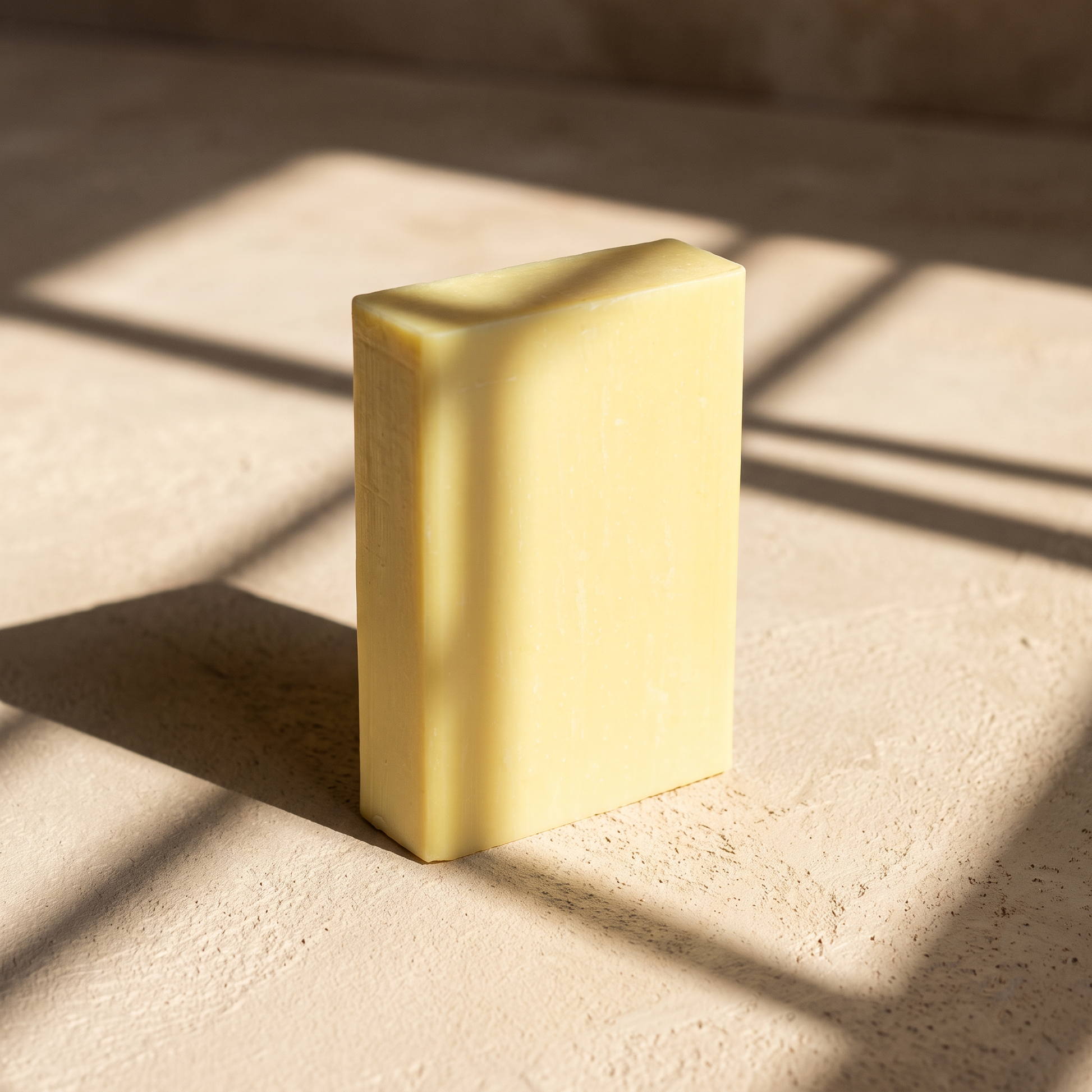 Lemon Soap Bar in hard afternoon sunlight on sand plaster, cut by geometric window shadows
