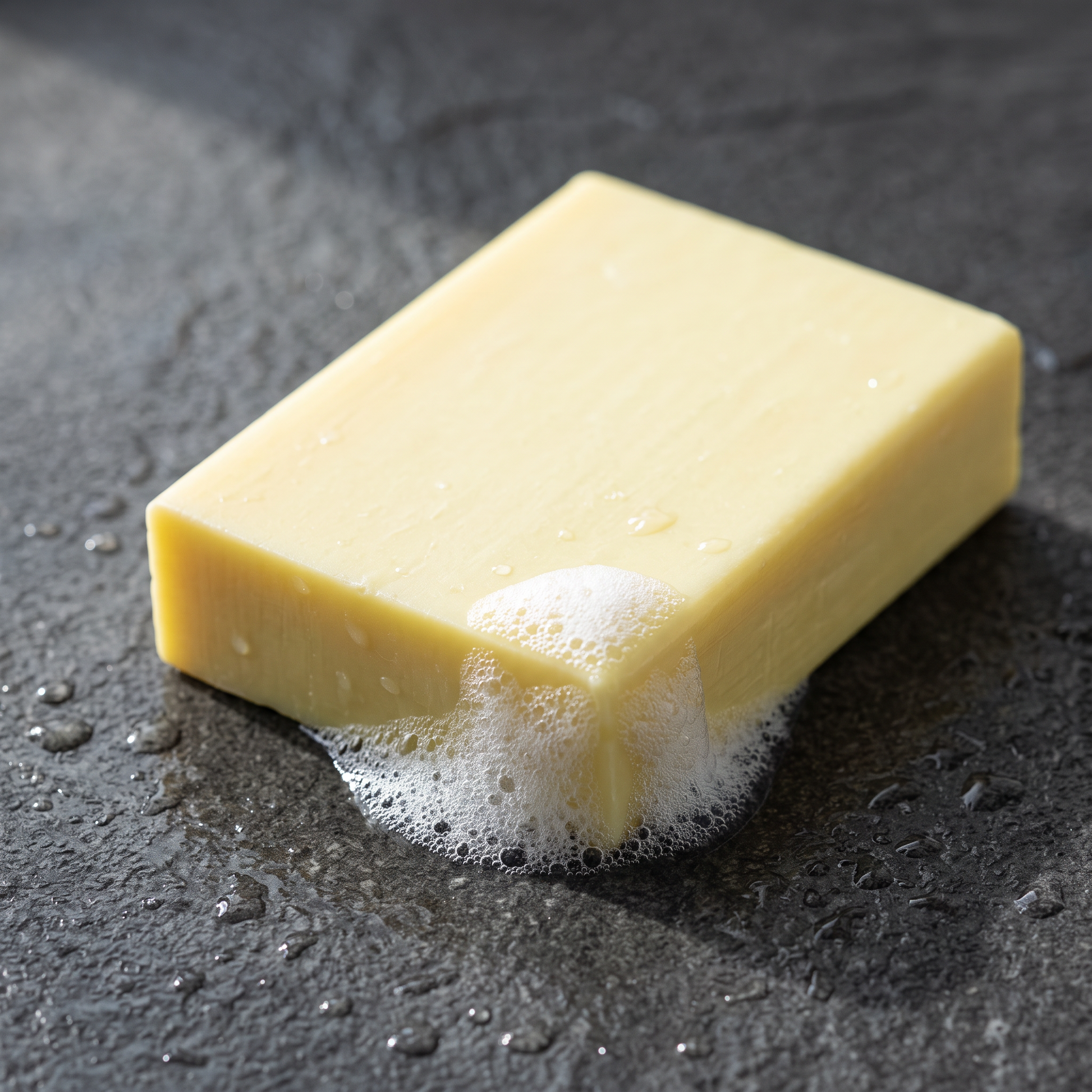 Lemon Soap Bar lathering on wet grey stone with dense white foam along one edge