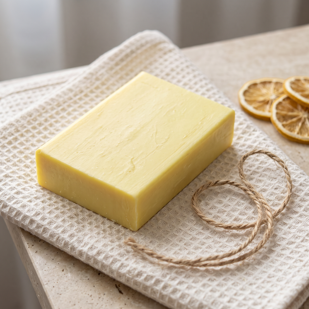 Lemon Soap Bar on a folded cotton waffle towel with a loop of jute twine, styled as a gift