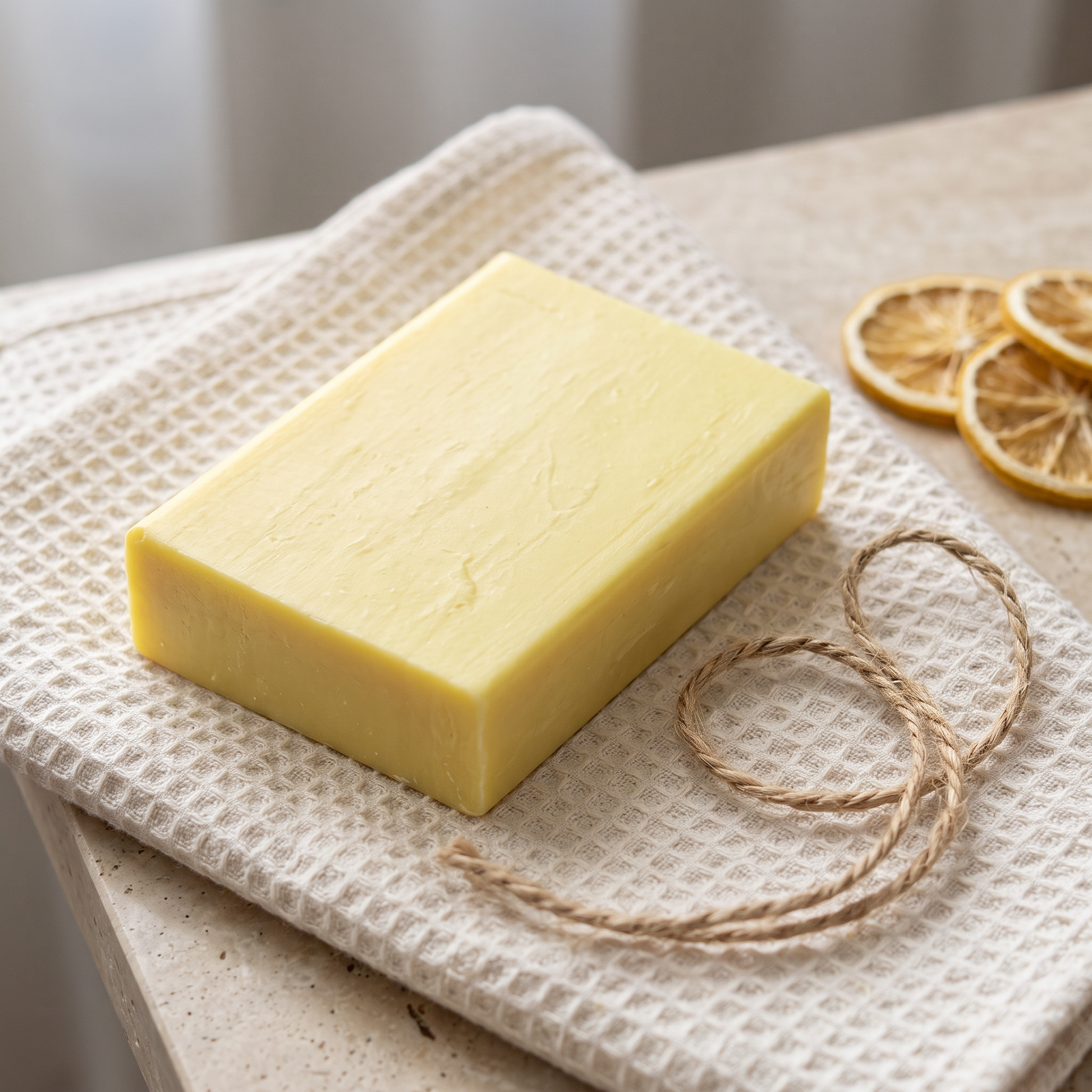 Lemon Soap Bar on a folded cotton waffle towel with a loop of jute twine, styled as a gift