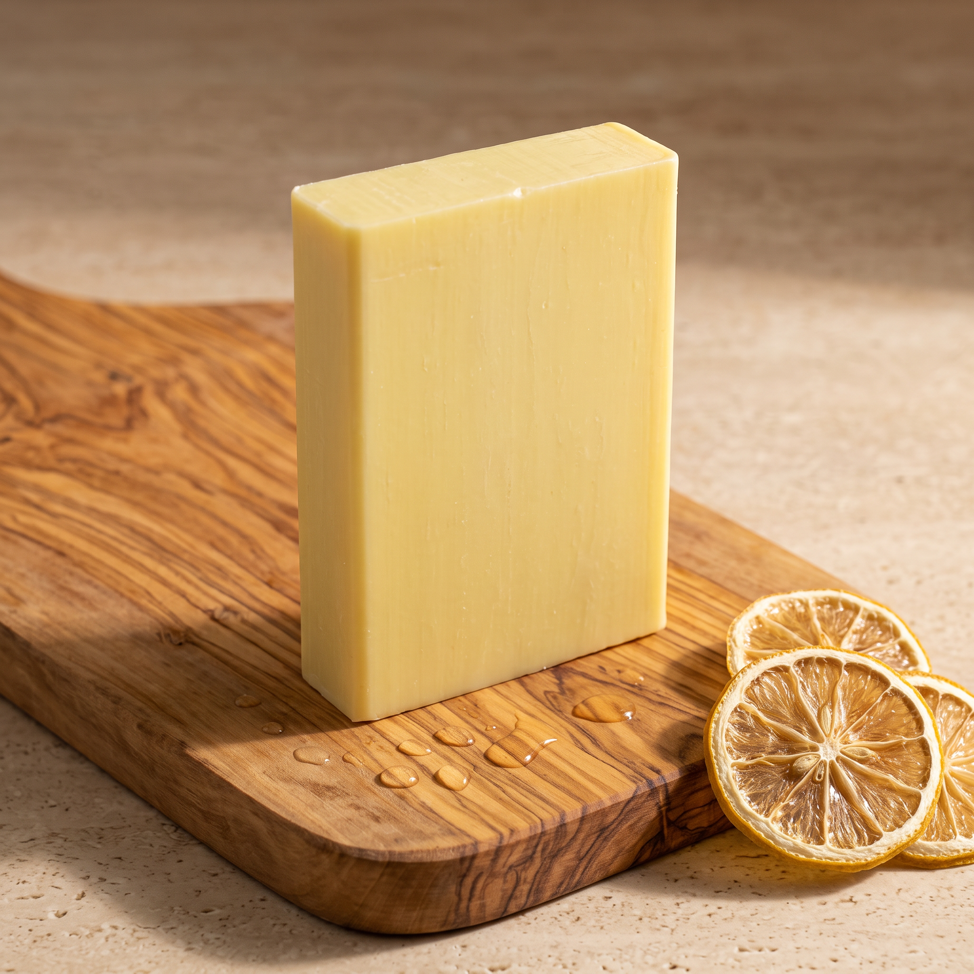 Lemon Soap Bar on a rustic olive wood board with water droplets across the grain