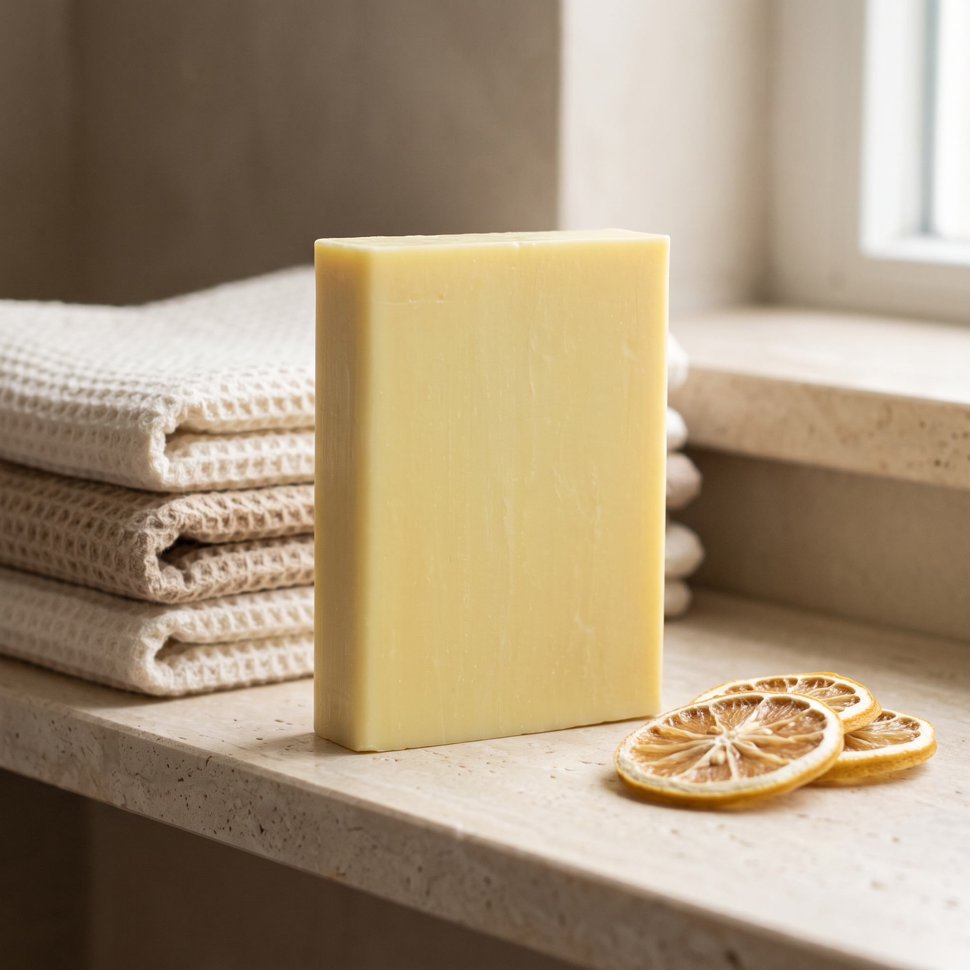 Lemon Soap Bar on a stone bathroom shelf beside a folded waffle cotton towel