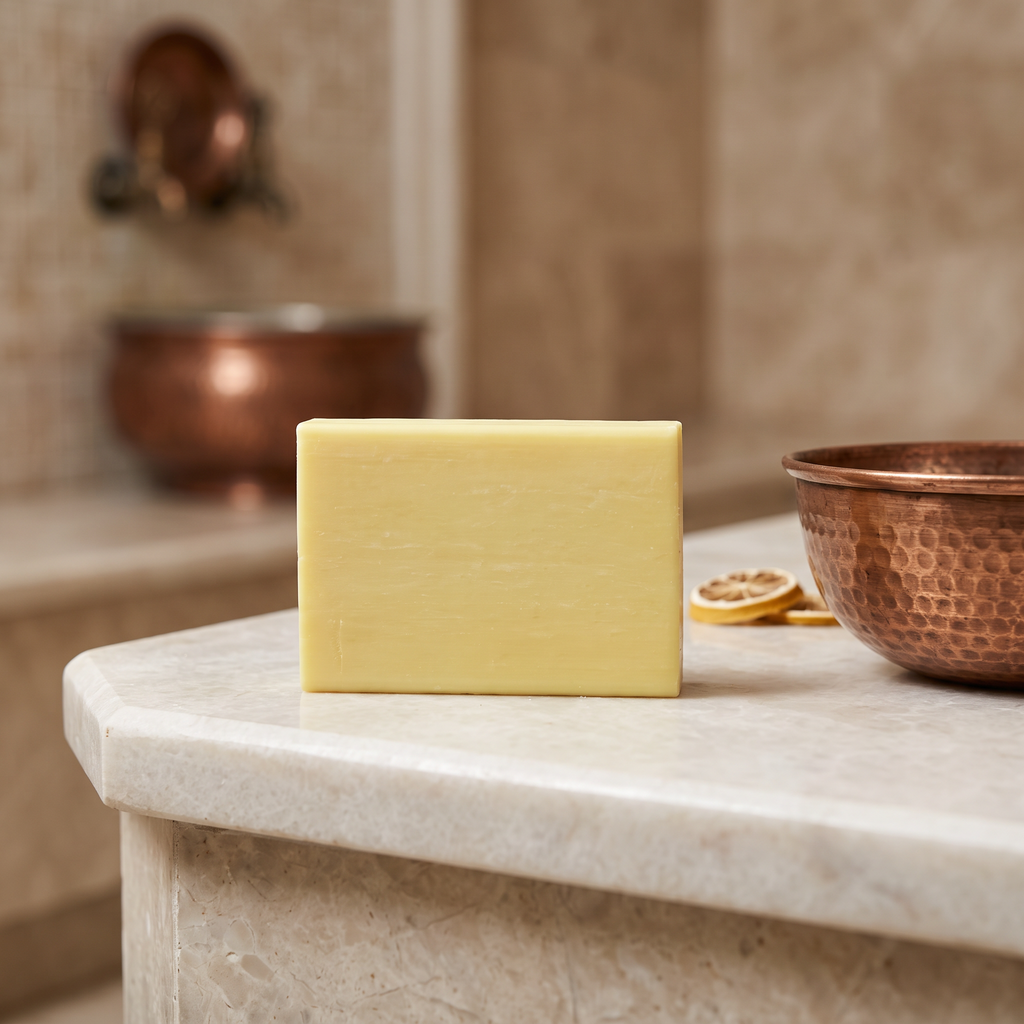 Lemon Soap Bar on the marble edge of a Turkish hammam basin with a hammered copper bowl