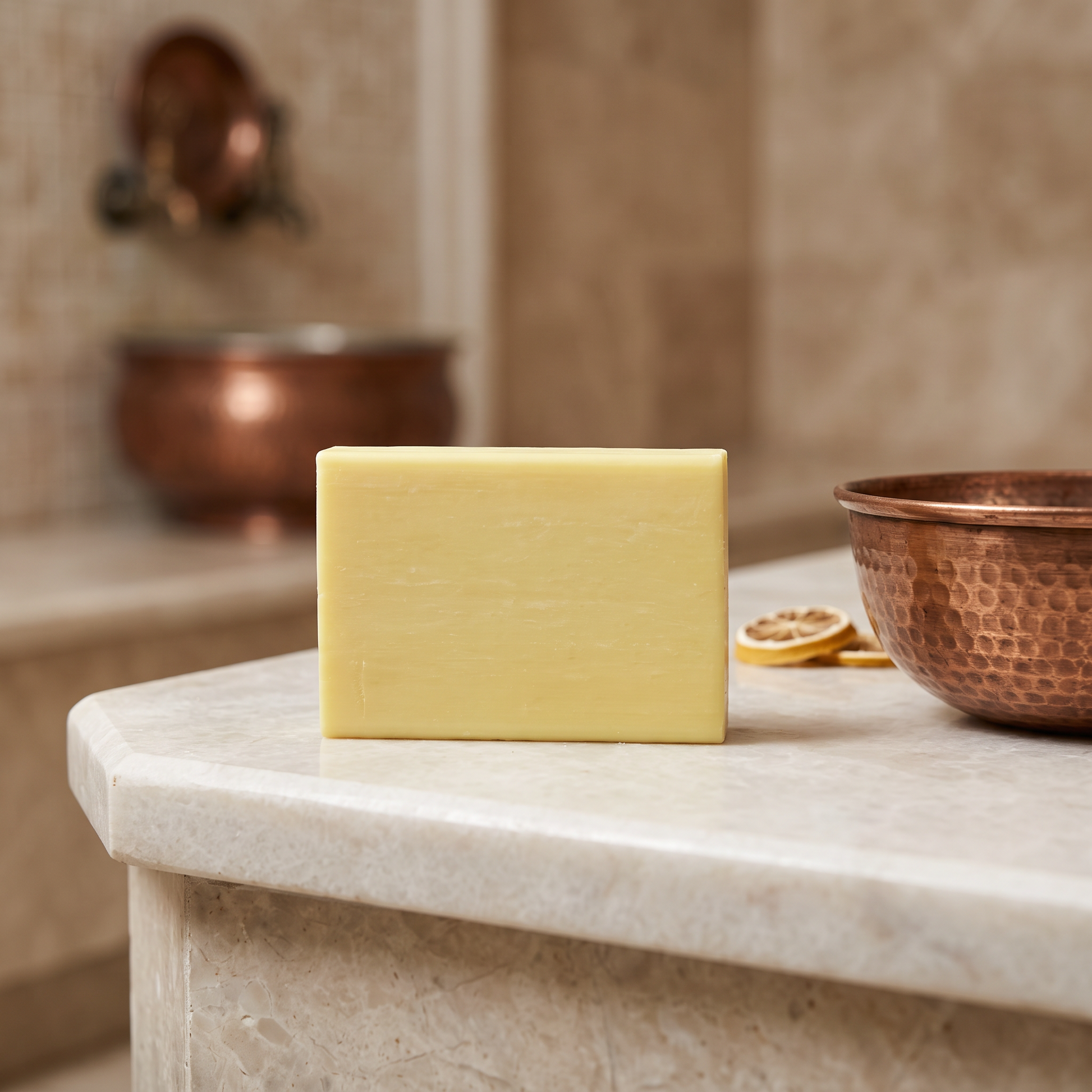 Lemon Soap Bar on the marble edge of a Turkish hammam basin with a hammered copper bowl