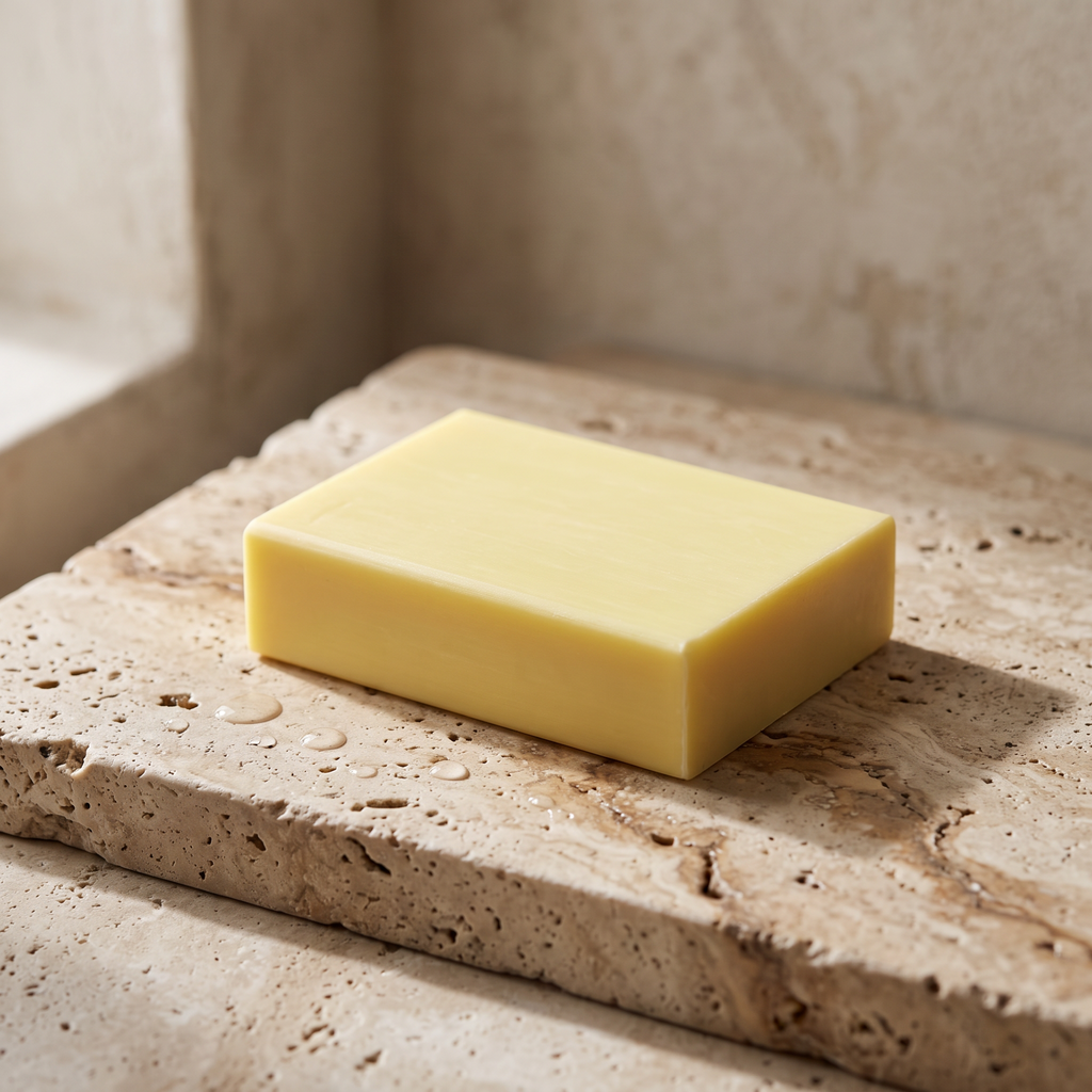 Lemon Soap Bar resting on a travertine stone slab scattered with water droplets