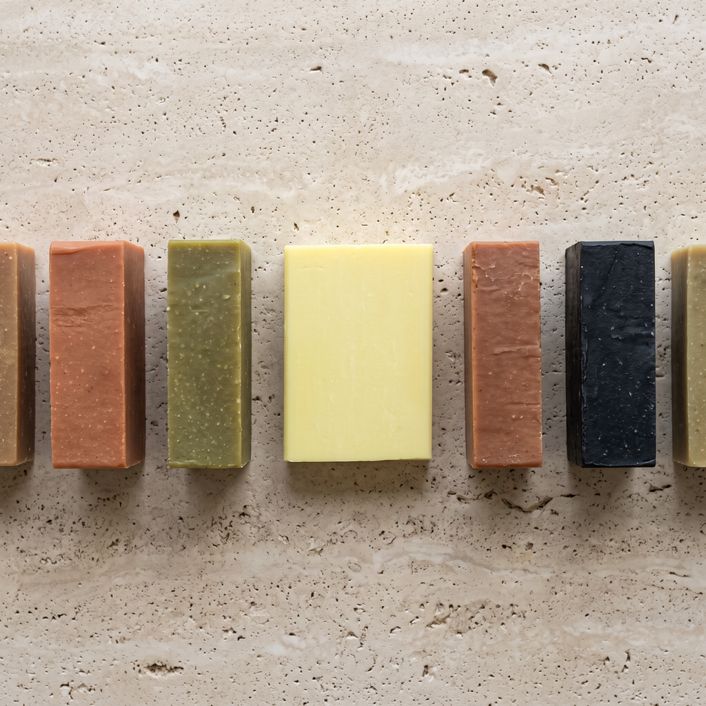 Lemon Soap Bar shown with the full Bursa Collection range in an overhead catalogue layout