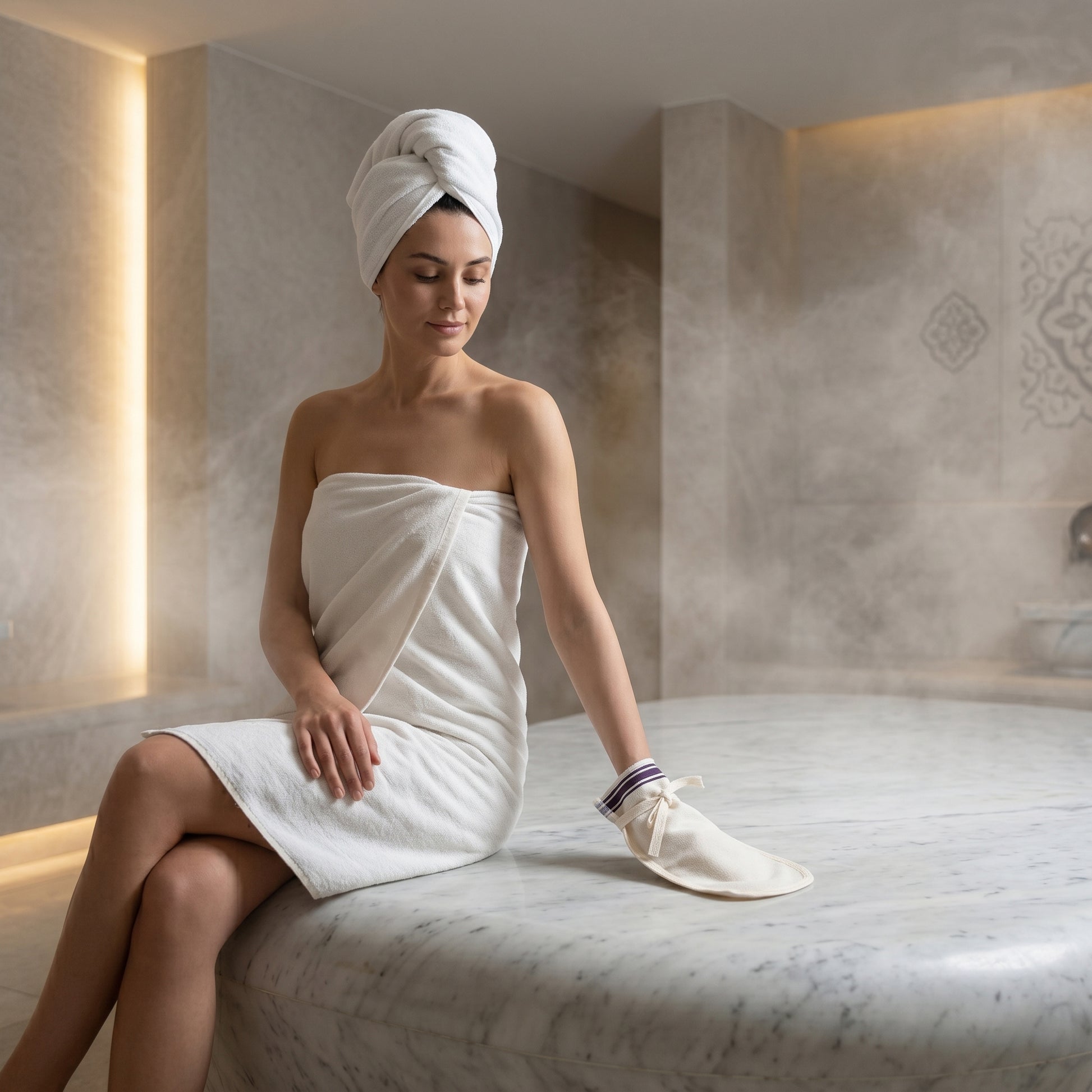 Lifestyle shot of a serene woman with a towel wrapped around her sitting on a heated marble belly stone inside a luxury contemporary hammam spa She is wearing a thin rectangular cream Turkish crepe exfoliating mitton her right hand
