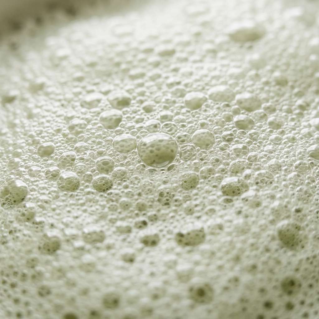 Macro close-up of rich lather bubbles from the Avlia laurel oil shampoo bar.