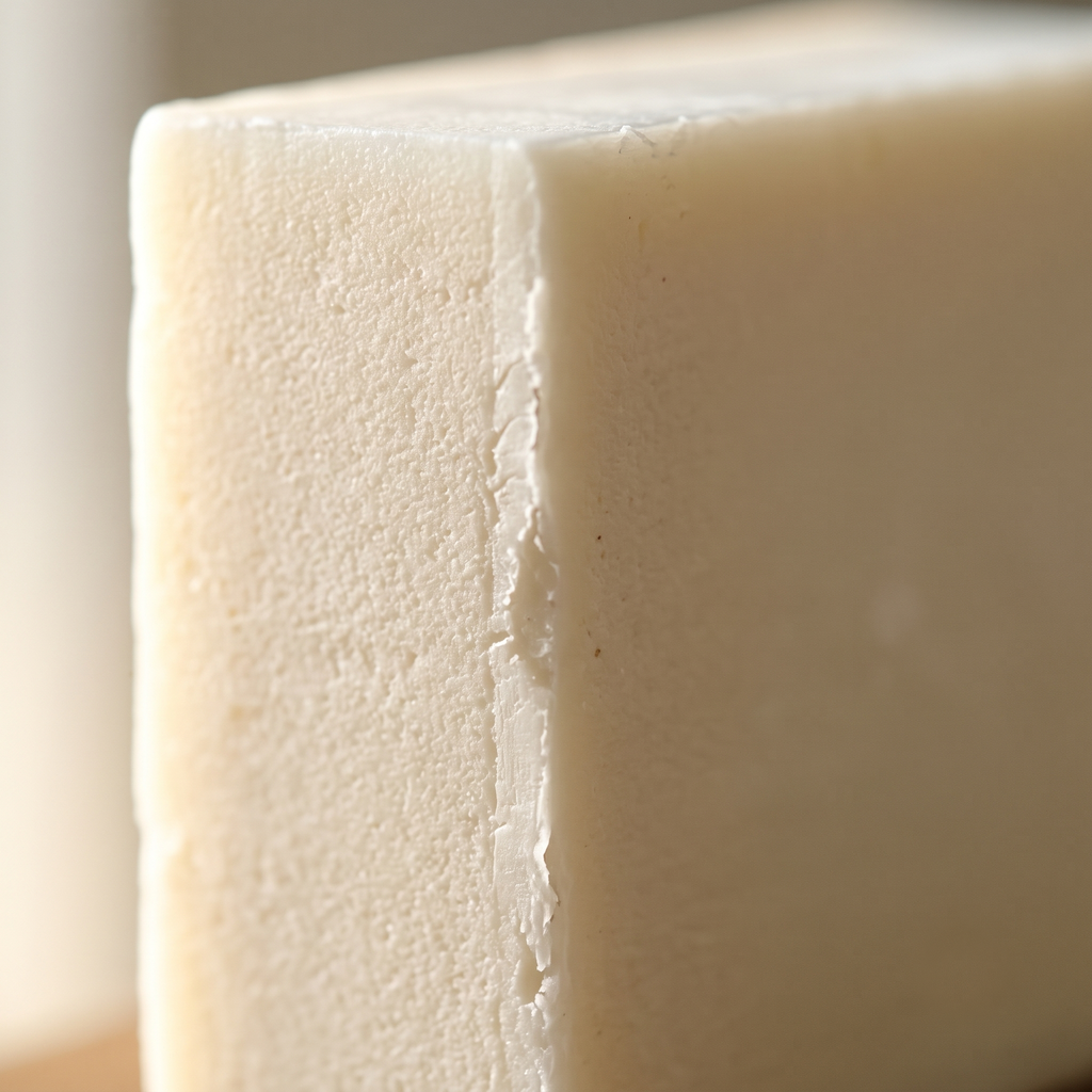Macro close-up of the cut surface and hand-cut edge of Donkey Milk Soap