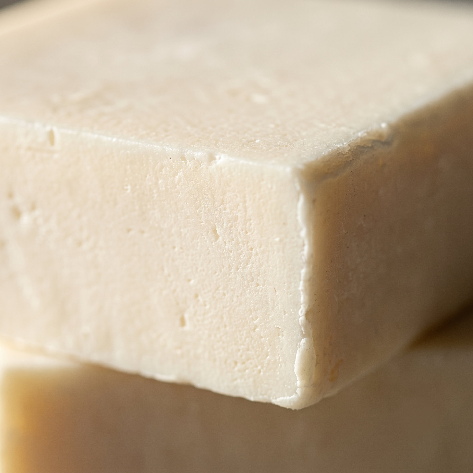 Macro close-up of the cut surface and hand-cut edge of Goat Milk Soap