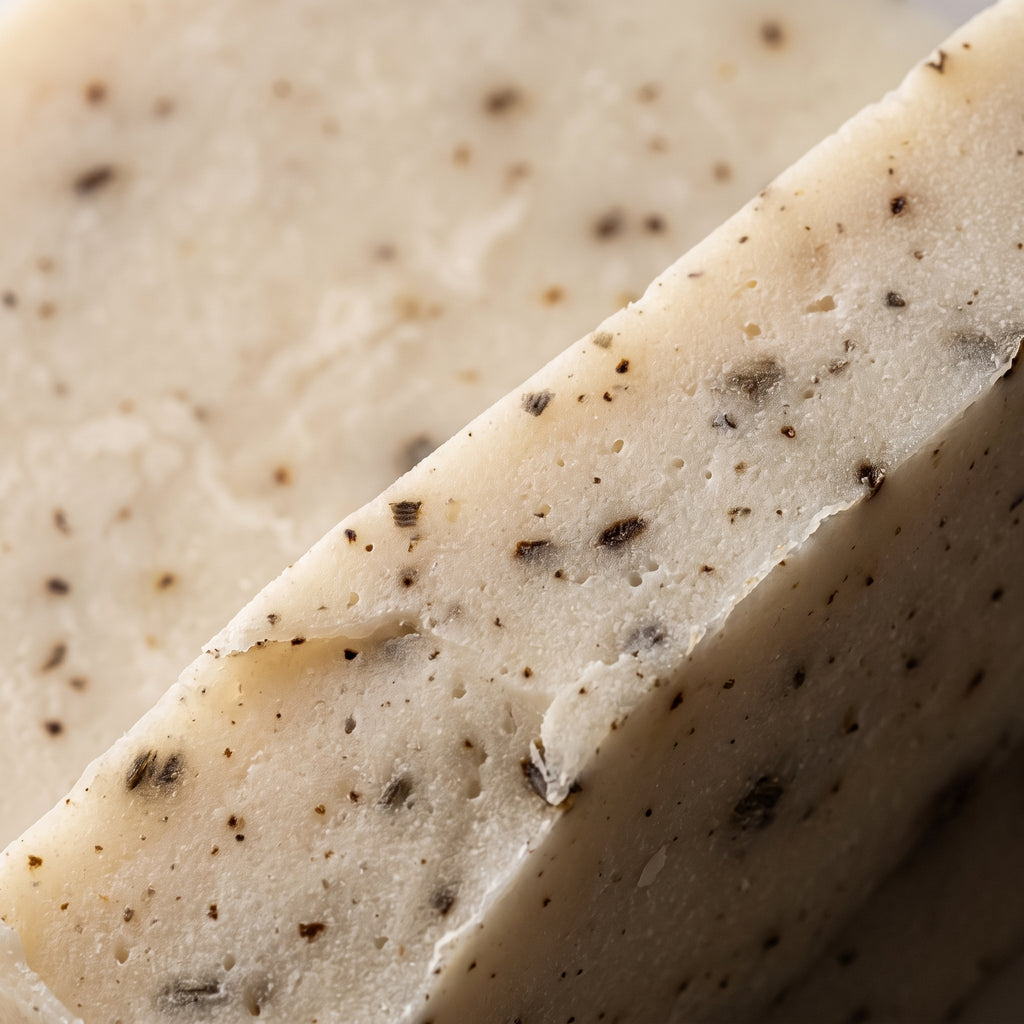 Macro close-up of the cut surface and hand-cut edge of Lavender Soap Bar
