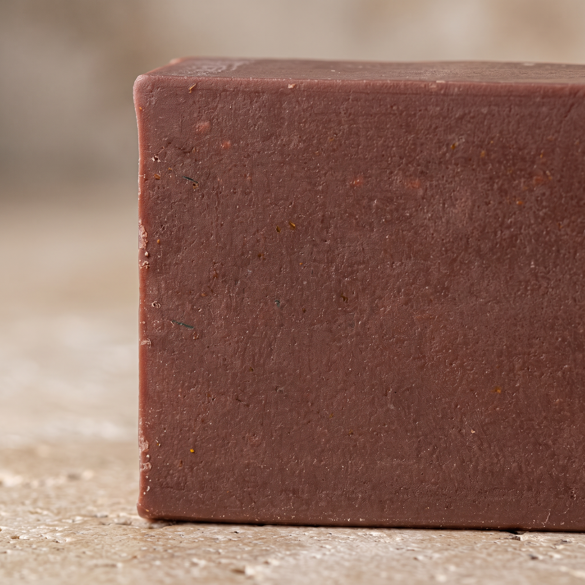 Macro close-up of the cut surface and hand-cut edge of Pine Tar Soap Bar