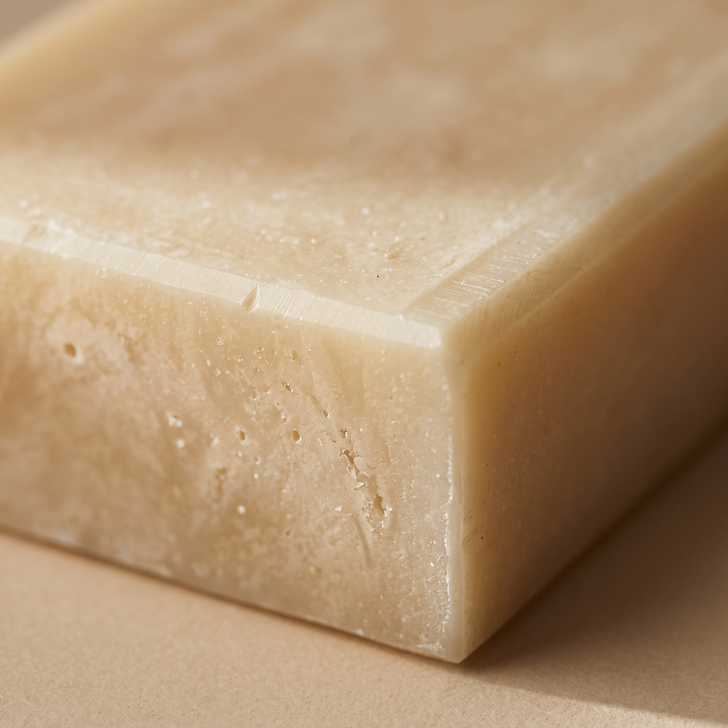 Macro close-up of the cut surface and hand-cut edge of Rice Soap Bar