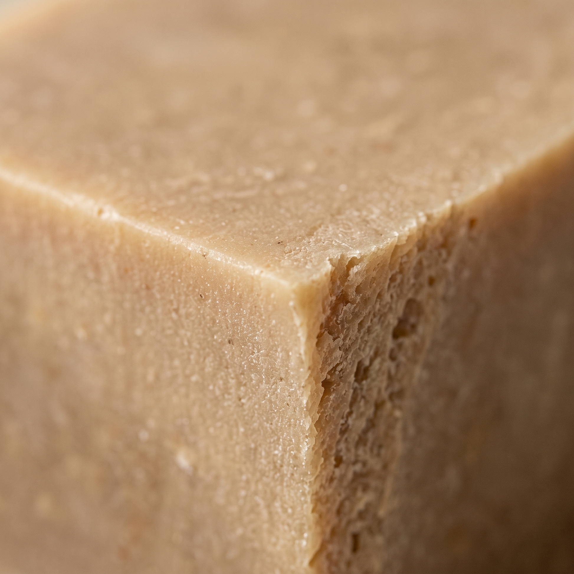 Close-up macro texture of St. John's Wort Soap Bar showing hand-cut edge and natural amber-rose marbling